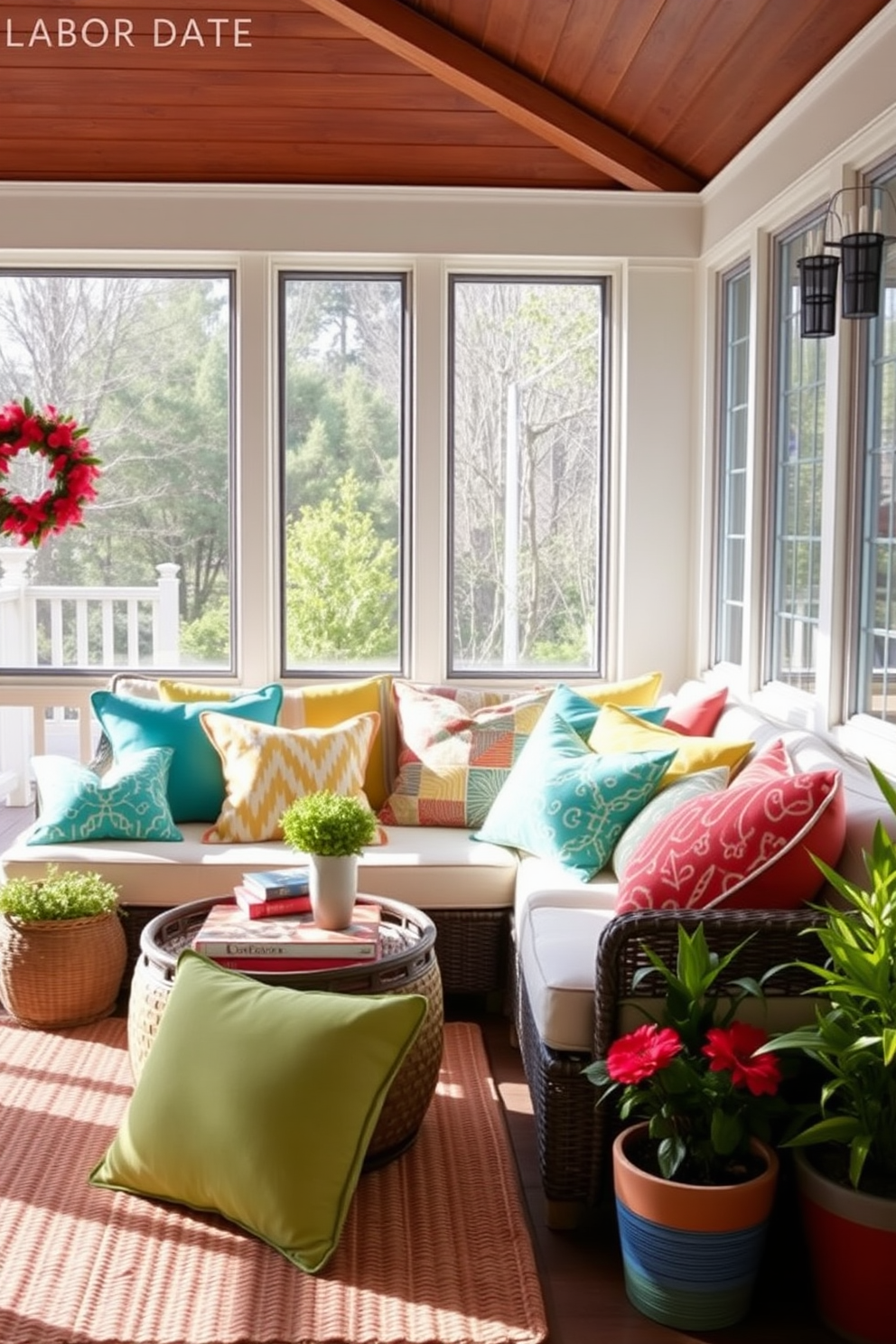 Brighten the sunroom with an array of colorful throw pillows scattered across a plush sectional sofa. The space is filled with natural light streaming through large windows adorned with sheer white curtains, creating a cheerful and inviting atmosphere. Incorporate vibrant patterns and textures in the throw pillows to complement the sunroom's fresh decor. Add a cozy area rug beneath the coffee table to enhance the warmth and comfort of the space, making it perfect for relaxation and gatherings.