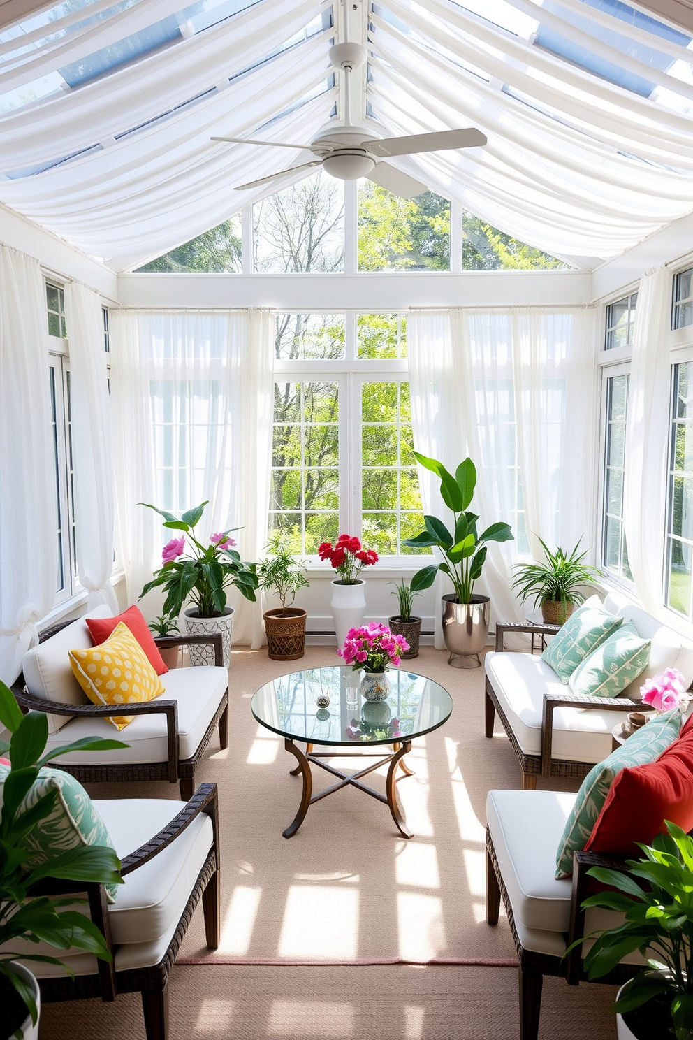 A bright and inviting sunroom filled with natural light. In the center, a stylish coffee table surrounded by comfortable seating invites gatherings and conversations. The walls are adorned with light, airy curtains that flutter gently in the breeze. Potted plants and colorful cushions add a touch of warmth and personality to the space.