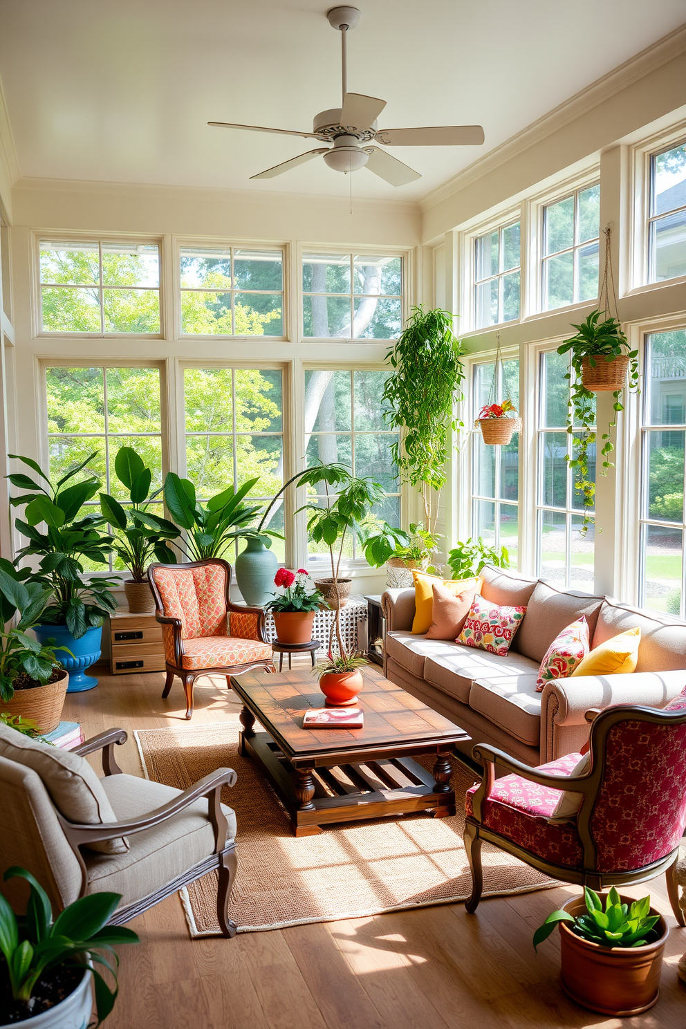 A bright and inviting sunroom featuring a blend of vintage and modern furniture styles. A large, comfortable sectional sofa in a soft gray fabric is paired with a rustic wooden coffee table and colorful accent chairs. The walls are adorned with large windows that allow natural light to flood the space, creating a warm atmosphere. Potted plants in various sizes are strategically placed around the room, enhancing the fresh and lively feel of the sunroom.