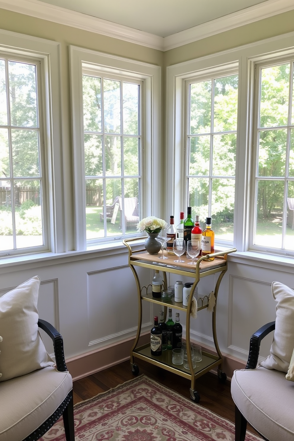 A bright sunroom filled with natural light features large windows draped with sheer white curtains. In the center, a statement chandelier hangs above a rustic wooden dining table surrounded by upholstered chairs in soft pastel hues. Lush greenery is placed in various corners, adding a refreshing touch to the space. A cozy seating area with a mix of patterned throw pillows invites relaxation, while a woven rug ties the room together harmoniously.