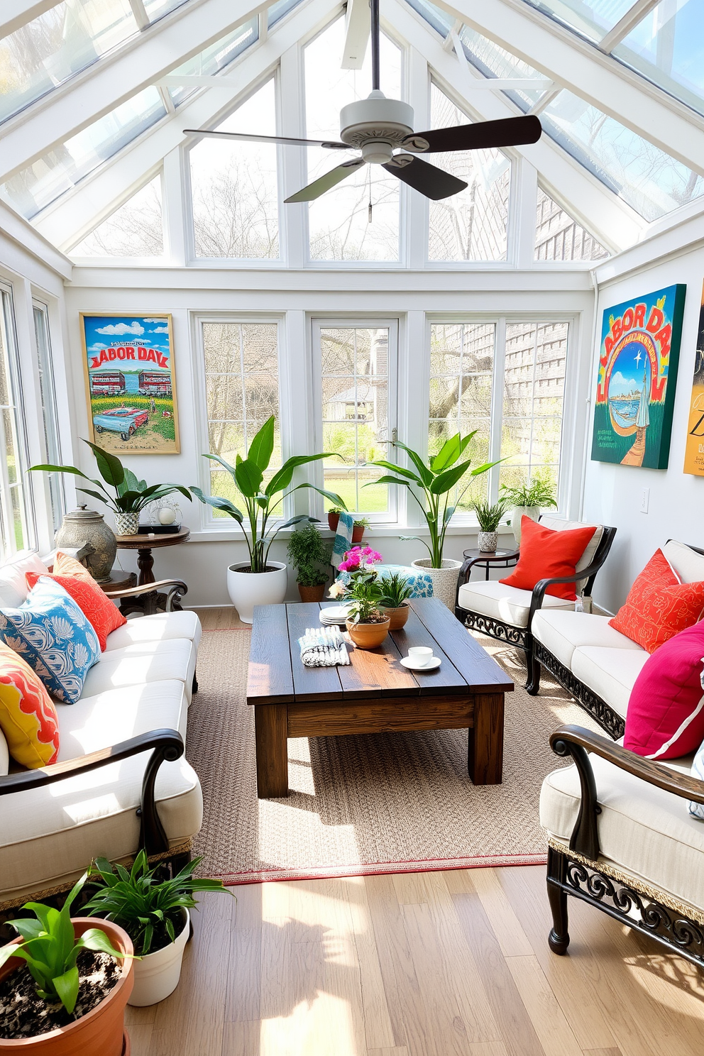 A bright and inviting sunroom filled with natural light. The walls are adorned with vibrant wall art that reflects the spirit of Labor Day, featuring themes of relaxation and celebration. Comfortable seating is arranged around a rustic wooden coffee table, creating a cozy gathering space. Potted plants and colorful cushions enhance the cheerful atmosphere, making it the perfect spot to enjoy the holiday.