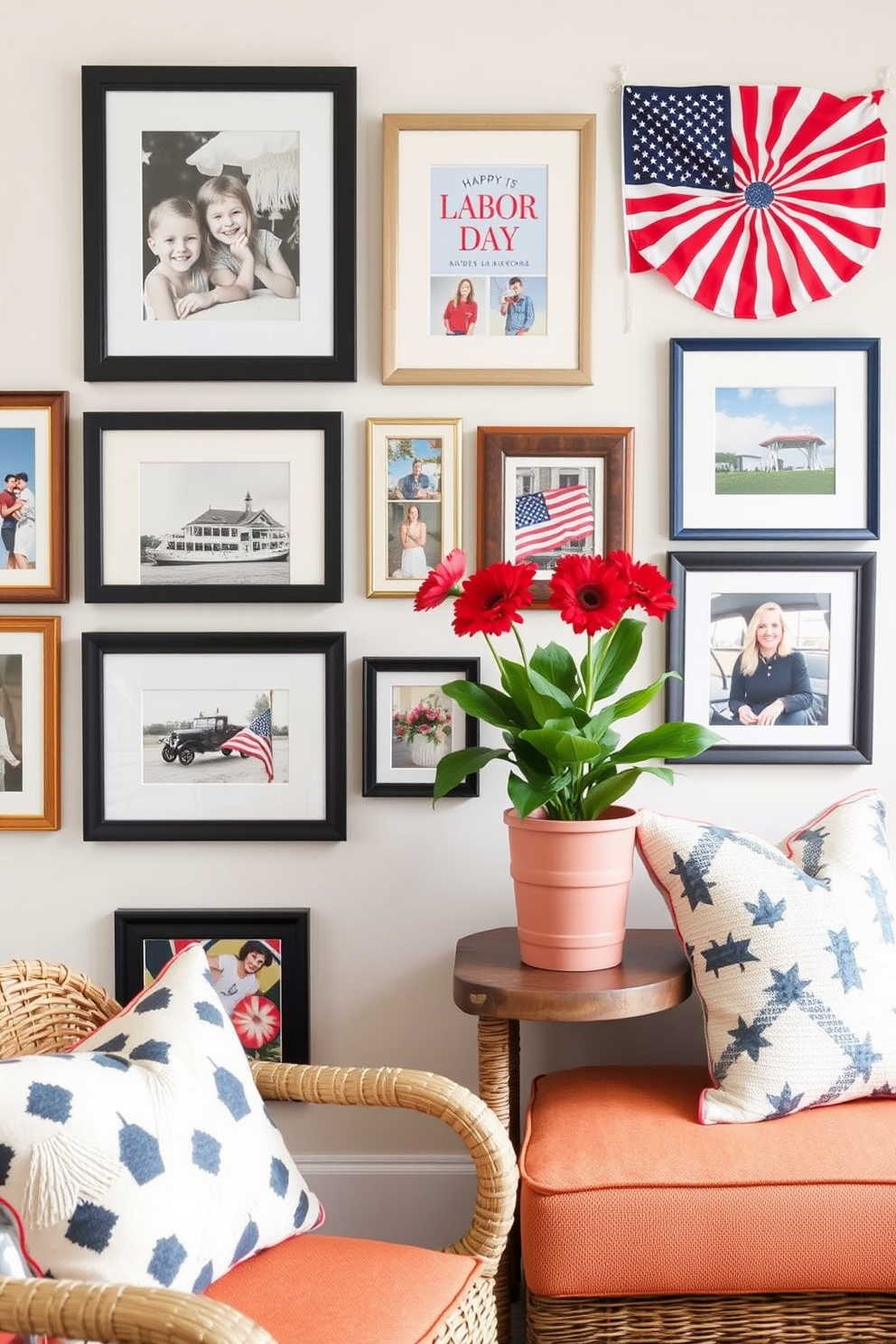 Create a gallery wall featuring a mix of framed photographs and artwork that celebrates Labor Day. Incorporate vibrant colors and seasonal themes to enhance the sunroom's inviting atmosphere.