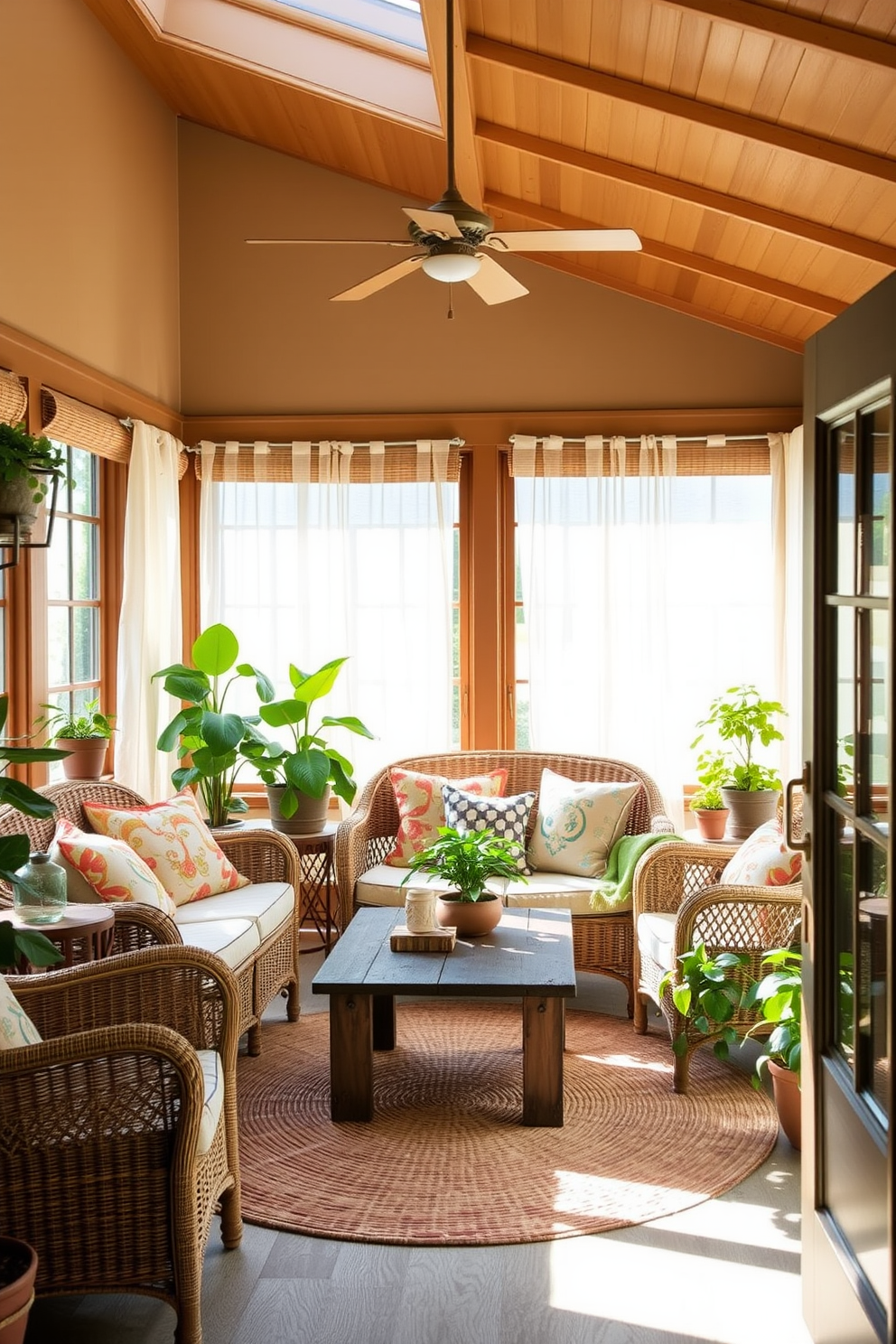 A sunroom filled with natural light featuring wicker furniture that creates a warm and inviting atmosphere. The space includes a large wicker sofa adorned with colorful cushions, surrounded by potted plants and a rustic coffee table. Light sheer curtains gently filter the sunlight, enhancing the cozy vibe of the room. A woven area rug anchors the seating area, adding texture and comfort to the sunroom's design.