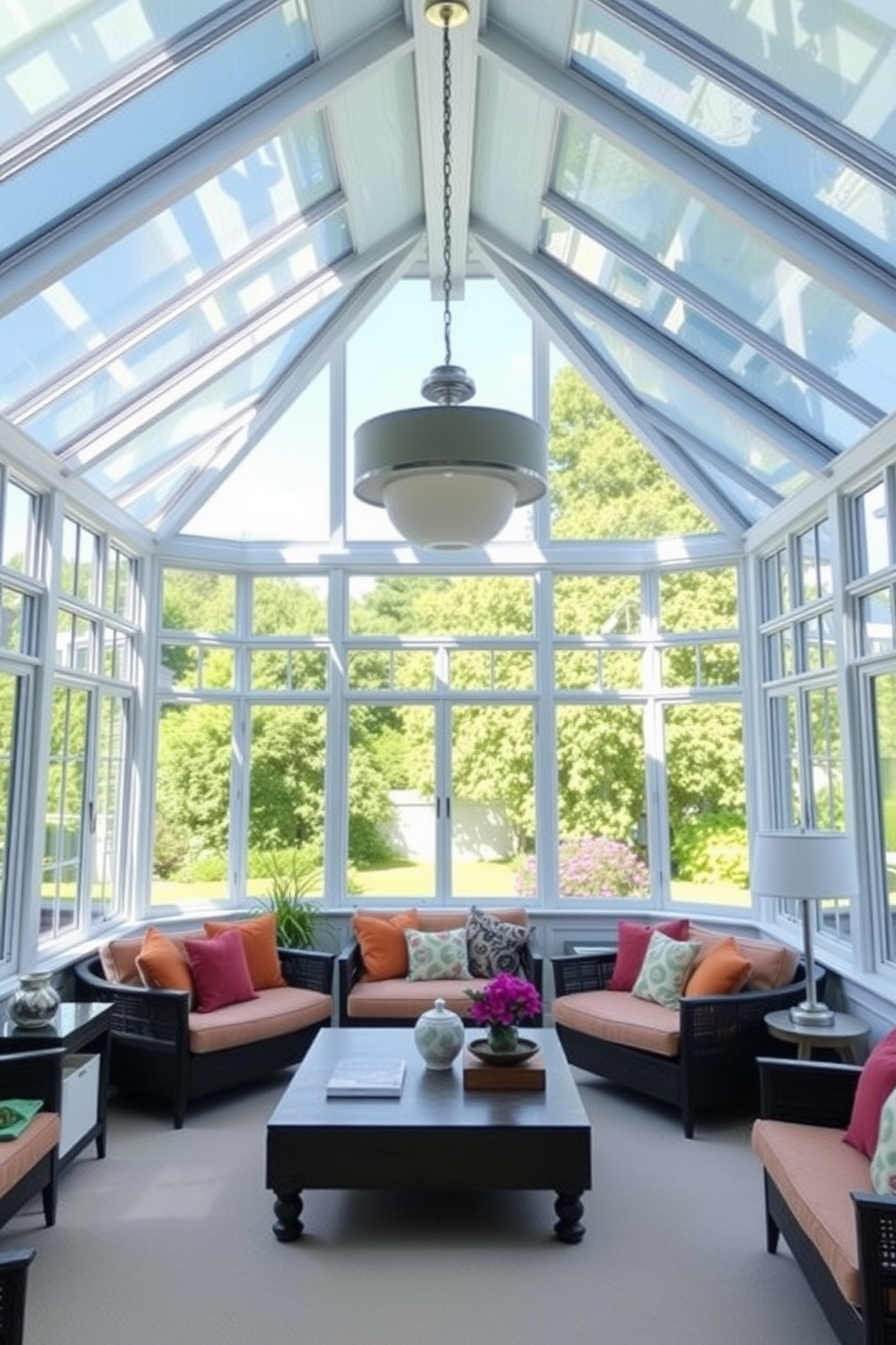 A bright and inviting sunroom filled with natural light. The space features large windows that overlook a lush garden, creating a seamless connection with the outdoors. In the center of the room, a statement pendant light fixture hangs gracefully from the ceiling. Comfortable seating arrangements with colorful cushions and a large coffee table complete the cozy atmosphere.