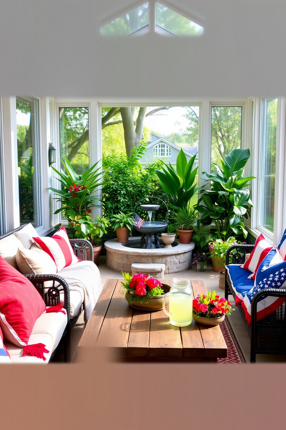 Create a serene sunroom that incorporates a calming water feature such as a small indoor fountain. The space is filled with comfortable seating, surrounded by lush greenery and soft, natural light streaming in through large windows. Decorate the sunroom for Labor Day with vibrant red, white, and blue accents, including throw pillows and a cozy blanket. Add a rustic wooden coffee table adorned with seasonal decorations and a refreshing pitcher of lemonade for a festive touch.