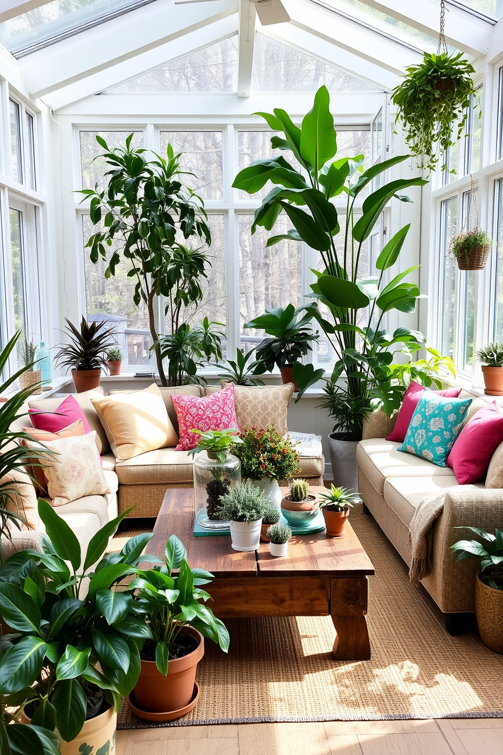 A bright and airy sunroom filled with natural light. The space features large windows framed with natural wood accents, allowing for a seamless connection with the outdoors. Comfortable seating is arranged around a rustic wooden coffee table. Lush green plants are placed in woven baskets, adding a touch of nature and warmth to the decor.