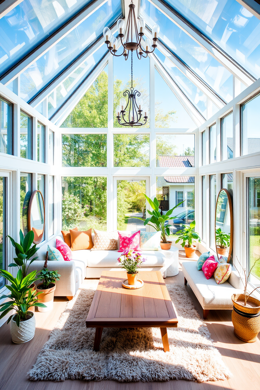 A bright and airy sunroom filled with natural light. Large floor-to-ceiling windows line the walls, allowing sunlight to flood the space. In the center, a comfortable seating area features a plush sectional sofa adorned with colorful throw pillows. A wooden coffee table sits atop a soft area rug, surrounded by potted plants that add a touch of greenery. Mirrors are strategically placed to reflect the light and create a sense of openness. A stylish chandelier hangs from the ceiling, casting a warm glow over the inviting atmosphere.