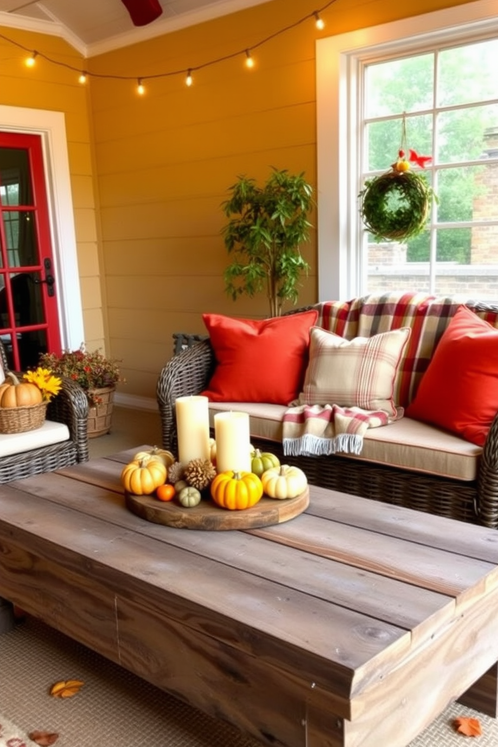 Create a cozy sunroom filled with vibrant autumn colors. Incorporate warm-toned throw pillows and a soft plaid blanket on a comfortable wicker sofa. Add a centerpiece of seasonal gourds and candles on a rustic wooden coffee table. Hang string lights above to create a warm and inviting atmosphere for gatherings.