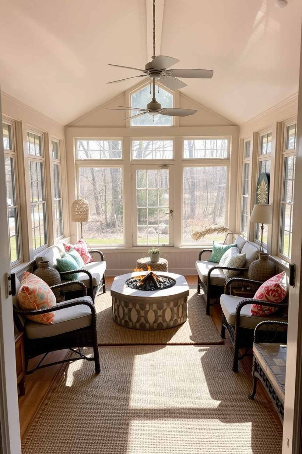 A cozy sunroom filled with natural light. The space features a comfortable seating area with a plush sofa adorned with colorful throw pillows and a coffee table made of reclaimed wood. Large windows line the walls, allowing for a picturesque view of the garden outside. String lights are gracefully draped across the ceiling, creating a warm and inviting ambiance for gatherings. A collection of potted plants adds a touch of greenery, while a soft area rug anchors the seating arrangement. Decorative lanterns placed on the window sills enhance the overall charm of the space.