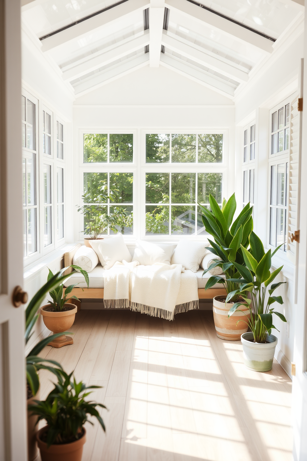 A bright and airy sunroom filled with natural light. There is a comfortable daybed draped with soft pillows and a light throw, inviting relaxation and lounging. Surrounding the daybed are large potted plants that add a touch of greenery. The walls are painted in a soft white, and the floor features a light wooden finish that enhances the cozy atmosphere.