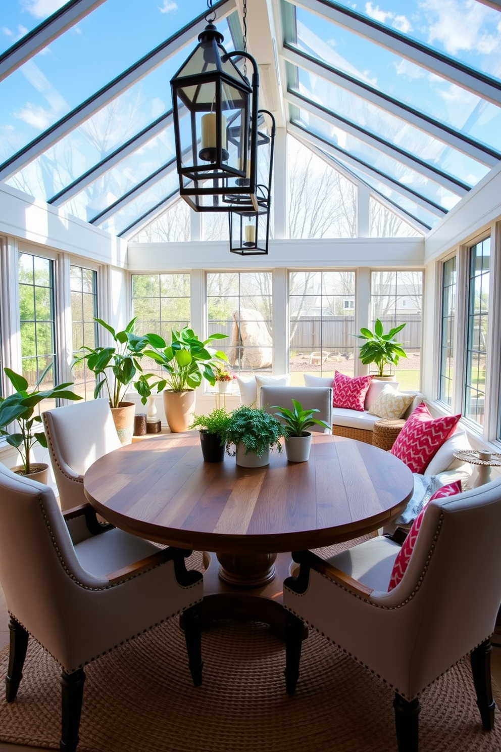 A bright and inviting sunroom filled with natural light. The space features large windows that overlook a lush garden, allowing sunlight to pour in and illuminate the room. Comfortable seating is arranged around a rustic wooden coffee table, adorned with vibrant throw pillows and a cozy blanket. A small indoor fountain gently trickles water, adding a serene ambiance to the atmosphere. The walls are painted in a soft cream color, complemented by green accents in the decor. Potted plants are strategically placed throughout the room, enhancing the fresh and lively feel of the space.