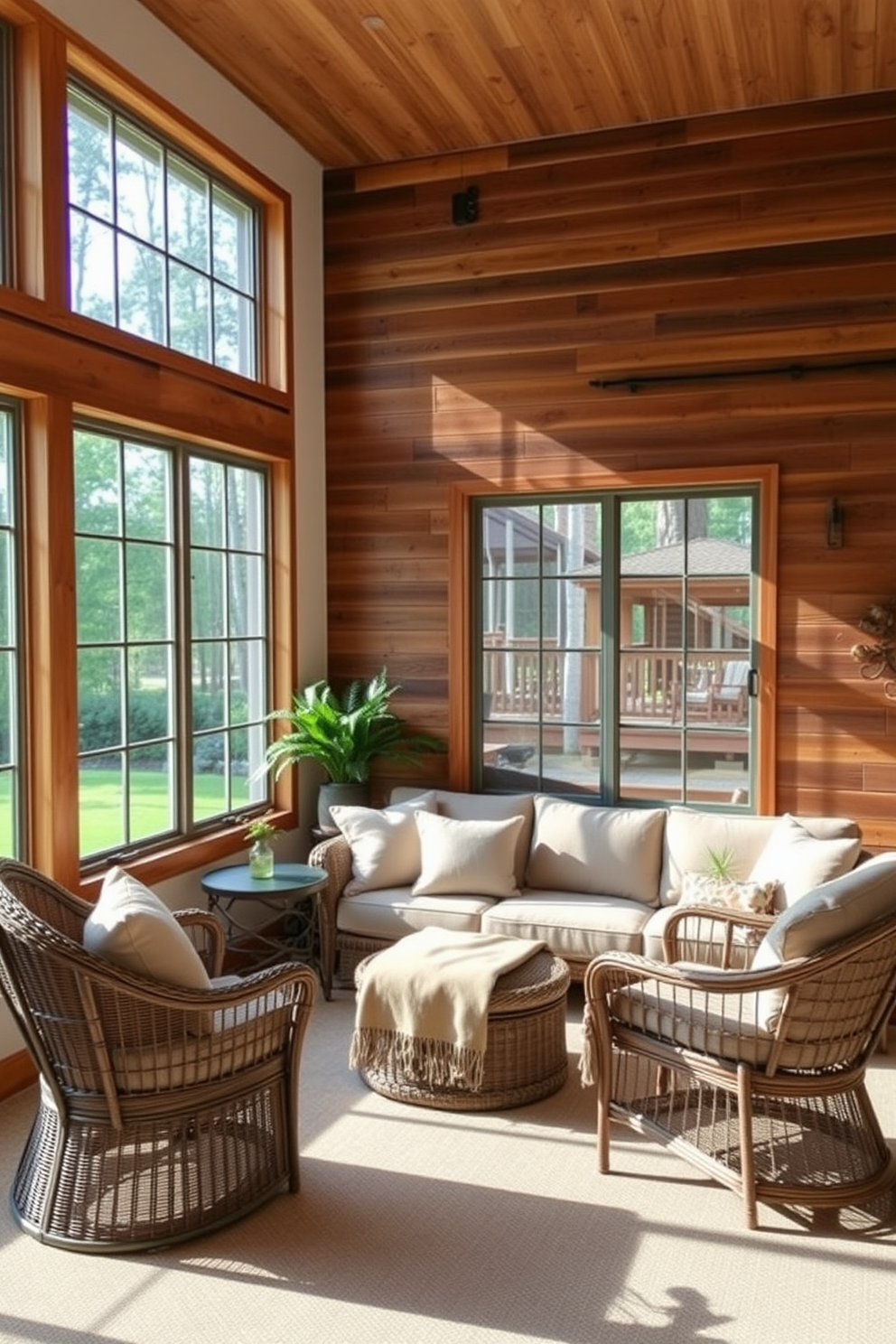 A cozy sunroom featuring a rustic wood accent wall that adds warmth and character to the space. Large windows allow natural light to flood in, creating an inviting atmosphere perfect for relaxation. The room is adorned with comfortable seating, including a plush sofa and a couple of wicker chairs. Soft, earthy-toned cushions and a woven throw blanket enhance the rustic charm while providing comfort.