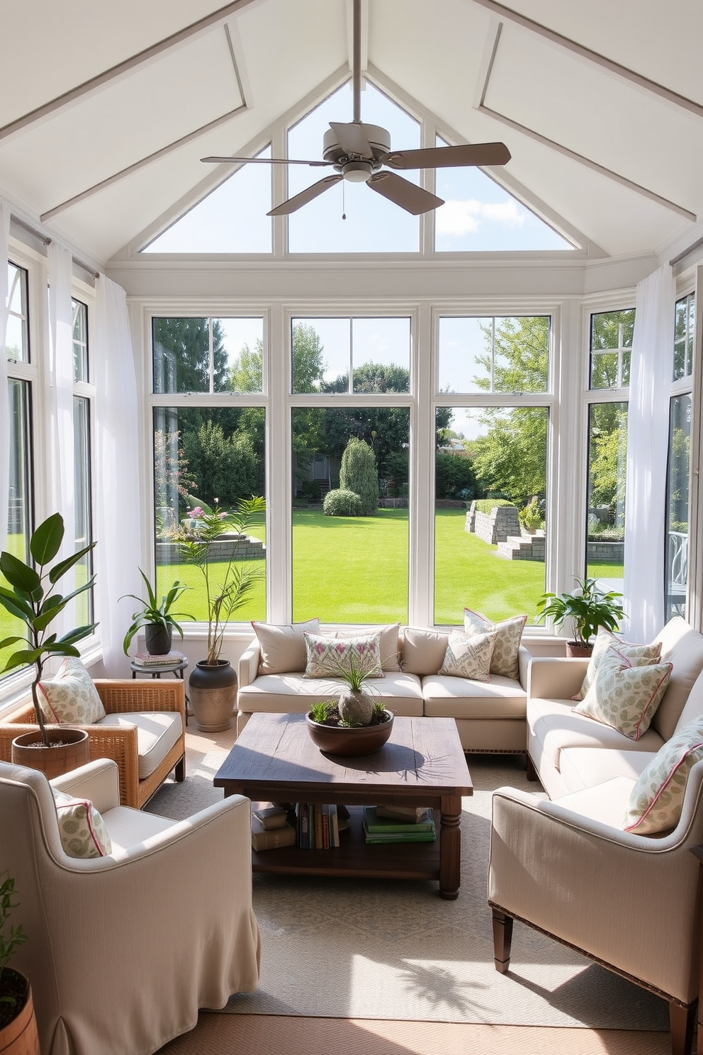 A bright and airy sunroom featuring large windows that provide unobstructed views of the garden outside. The space is adorned with comfortable seating, including a plush sectional sofa and a couple of accent chairs, all in light, neutral tones. Decorative elements like potted plants and a rustic coffee table enhance the inviting atmosphere. Soft, sheer curtains frame the windows, allowing natural light to filter through while maintaining a cozy ambiance.