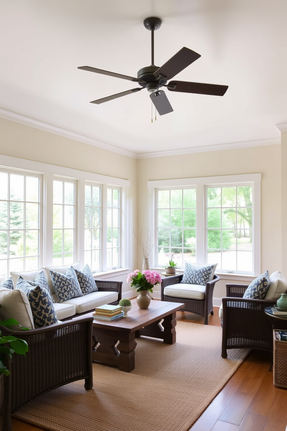 A bright and airy sunroom featuring large windows that allow natural light to flood the space. Comfortable seating is arranged around a rustic wooden coffee table, adorned with fresh flowers and decorative books. A stylish ceiling fan hangs from the ceiling, providing a gentle breeze to keep the room cool. The walls are painted in a soft cream color, and the floor is covered with a woven area rug that adds warmth to the setting.