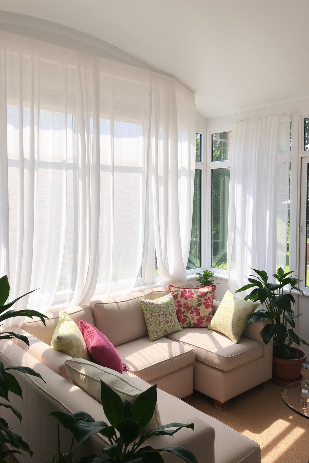 A sunroom filled with natural light and a relaxed atmosphere. The space features sheer white curtains that gently filter the sunlight, creating a warm and inviting ambiance. Cozy seating arrangements include a plush sectional sofa adorned with colorful throw pillows. Potted plants are strategically placed around the room, adding a touch of greenery and life to the decor.