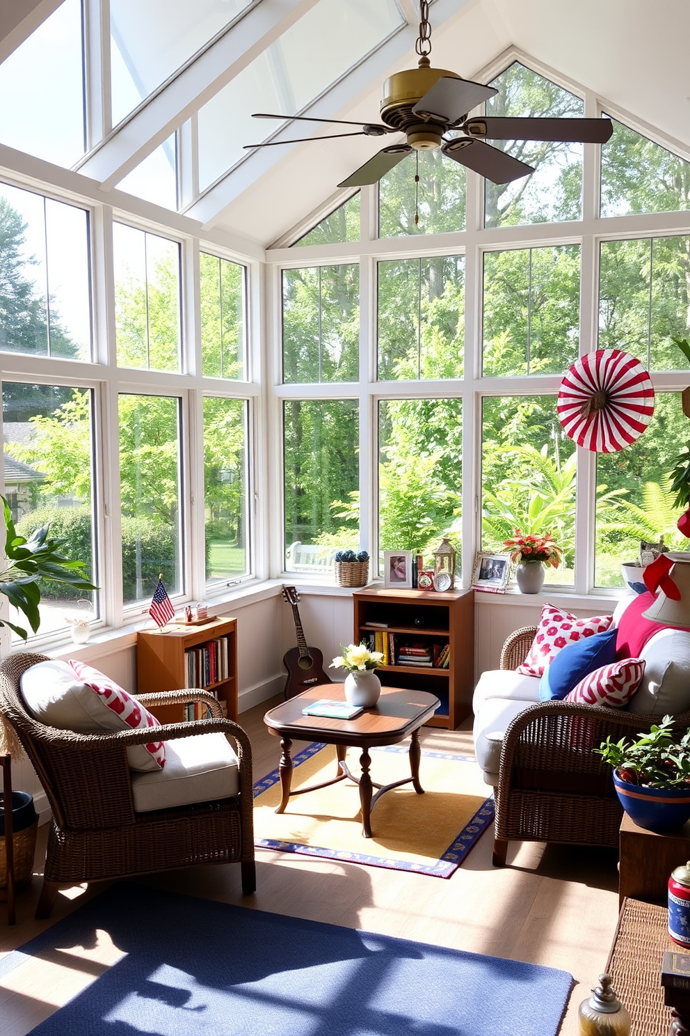 A bright and inviting sunroom filled with natural light. There are large windows that open to a lush garden, and comfortable seating arranged around a small wooden coffee table. In one corner, a small bookshelf is filled with an assortment of books and decorative items. The space is adorned with cheerful Labor Day-themed decorations, including red, white, and blue accents throughout.