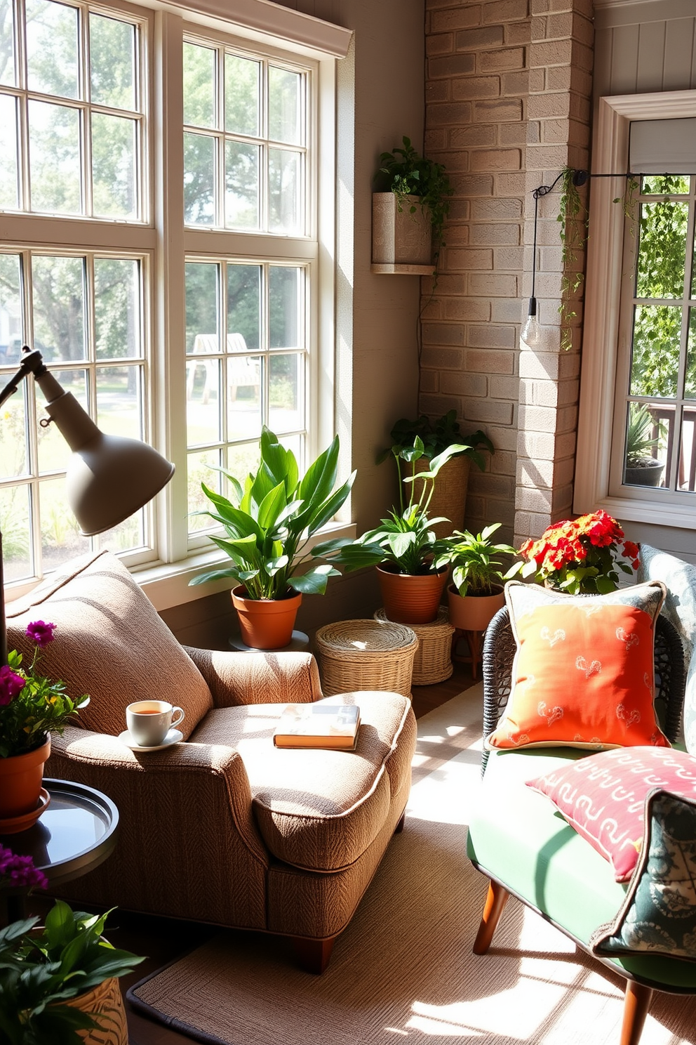 A cozy reading nook corner features a plush armchair upholstered in soft, textured fabric positioned next to a large window allowing natural light to flood the space. A small side table holds a steaming cup of tea and a stack of well-loved books, while a floor lamp with a warm glow creates an inviting atmosphere for relaxation. Labor Day sunroom decorating ideas include a mix of vibrant potted plants and comfortable seating arrangements that encourage outdoor enjoyment. Brightly colored cushions and a light, airy rug enhance the cheerful ambiance, making it the perfect spot for gatherings with family and friends.