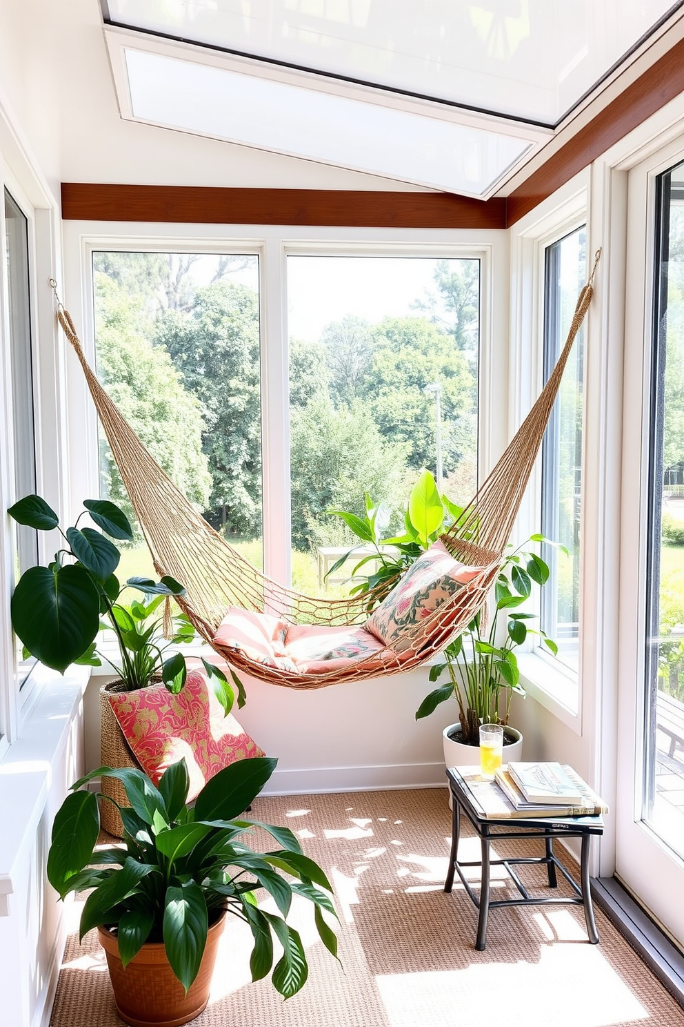 A cozy sunroom filled with natural light, featuring a comfortable hammock suspended between two sturdy wooden posts. Surrounding the hammock are lush green plants and colorful cushions that invite relaxation and leisure. The walls are painted in a soft pastel hue, enhancing the serene atmosphere. Large windows offer a view of the outdoors, while a small side table holds refreshing drinks and a stack of books for leisurely afternoons.