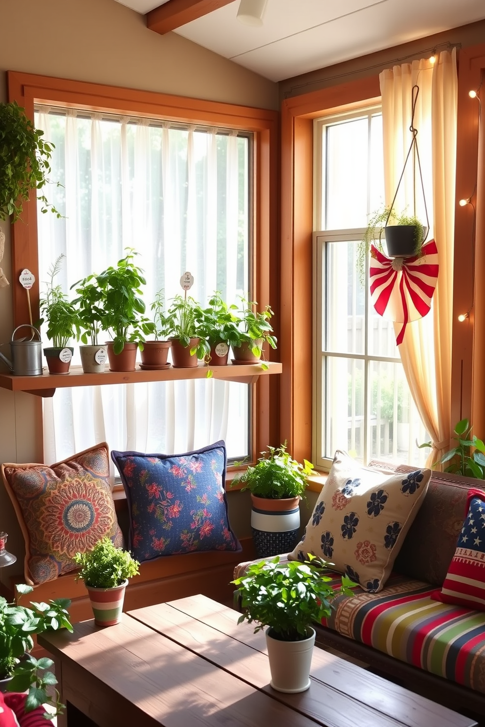 Create a small indoor herb garden with various pots of fresh basil, rosemary, and thyme arranged on a wooden shelf near a sunny window. The shelf is adorned with decorative plant markers and a watering can, while sunlight filters through sheer curtains, creating a warm and inviting atmosphere. Labor Day sunroom decorating ideas feature a cozy seating area with a mix of vibrant cushions and a rustic coffee table. Add festive touches like red, white, and blue decor, along with potted plants and string lights to enhance the celebratory vibe.