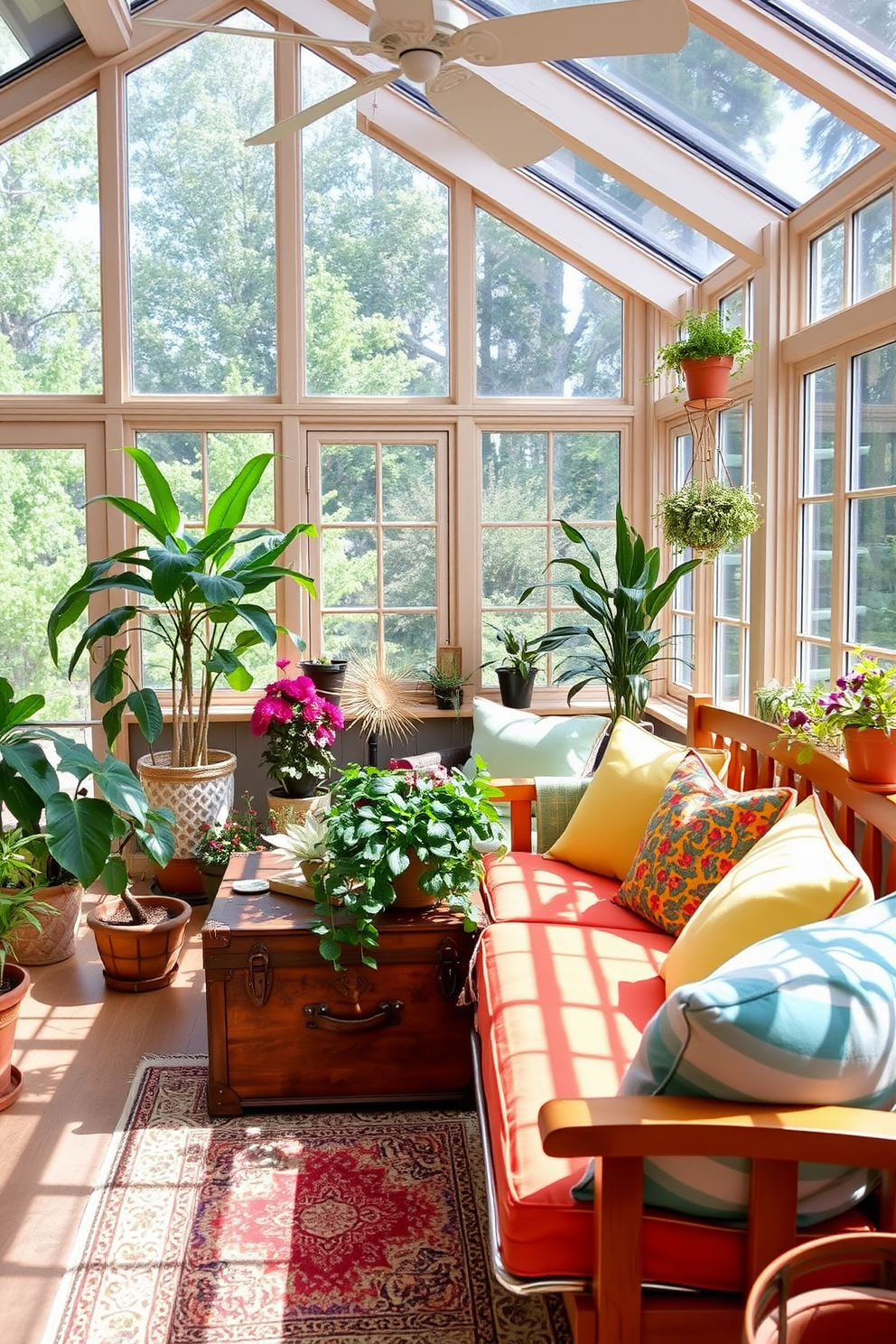 A cozy sunroom adorned with natural light filtering through large windows. A vintage trunk serves as a stylish storage solution, complementing the warm wooden furniture and soft, inviting textiles. Brightly colored cushions are scattered across a comfortable seating area, creating a relaxed atmosphere. Potted plants in various sizes add a touch of greenery, bringing the outdoors inside for a refreshing feel.