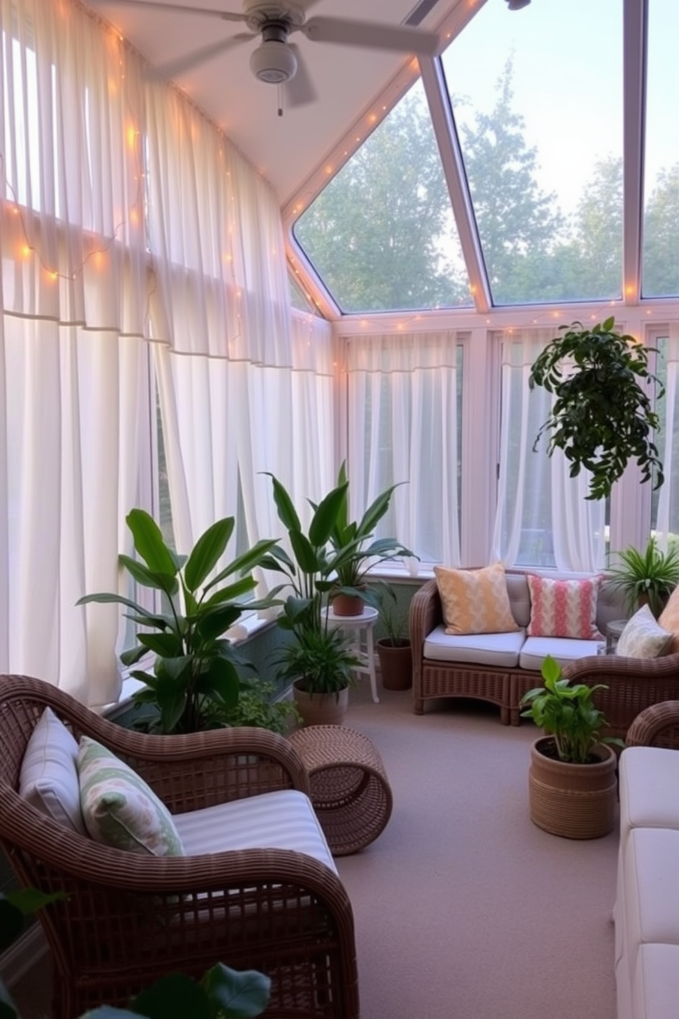 A sunroom filled with natural light featuring large windows adorned with sheer white curtains. Cozy seating arrangements include a mix of wicker chairs and a soft sectional sofa, all accented with colorful cushions. The space is decorated with potted plants of varying heights, creating a lush green atmosphere. Fairy lights are delicately hung around the windows and ceiling, casting a warm glow for evening ambiance.