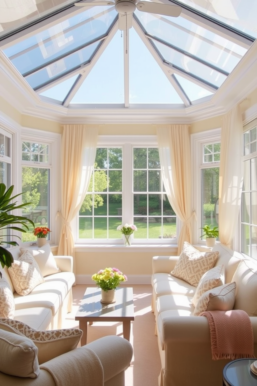 A bright and airy sunroom filled with natural light. The walls are painted in soft whites and pale yellows, creating a warm and inviting atmosphere. Comfortable seating is arranged with light-colored cushions and throws, complementing the sun-drenched space. Large windows adorned with sheer curtains allow sunlight to filter in, enhancing the cheerful ambiance.