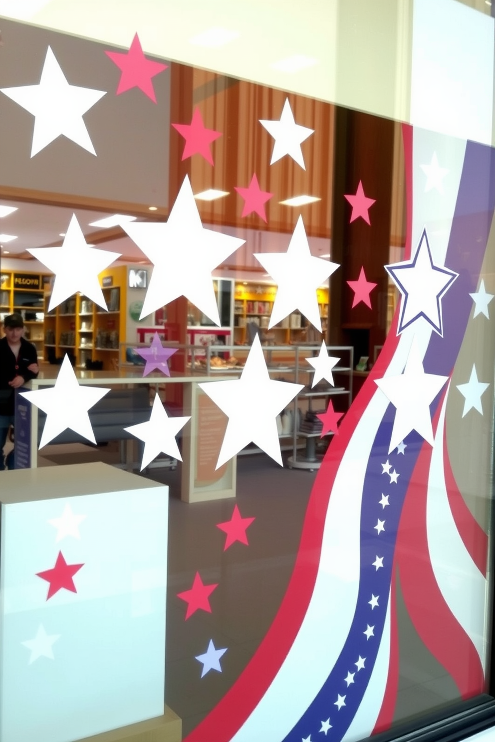 Create a festive window display featuring patriotic window decals adorned with stars and stripes. The design should evoke a sense of celebration and honor for Labor Day, incorporating vibrant colors and eye-catching elements.