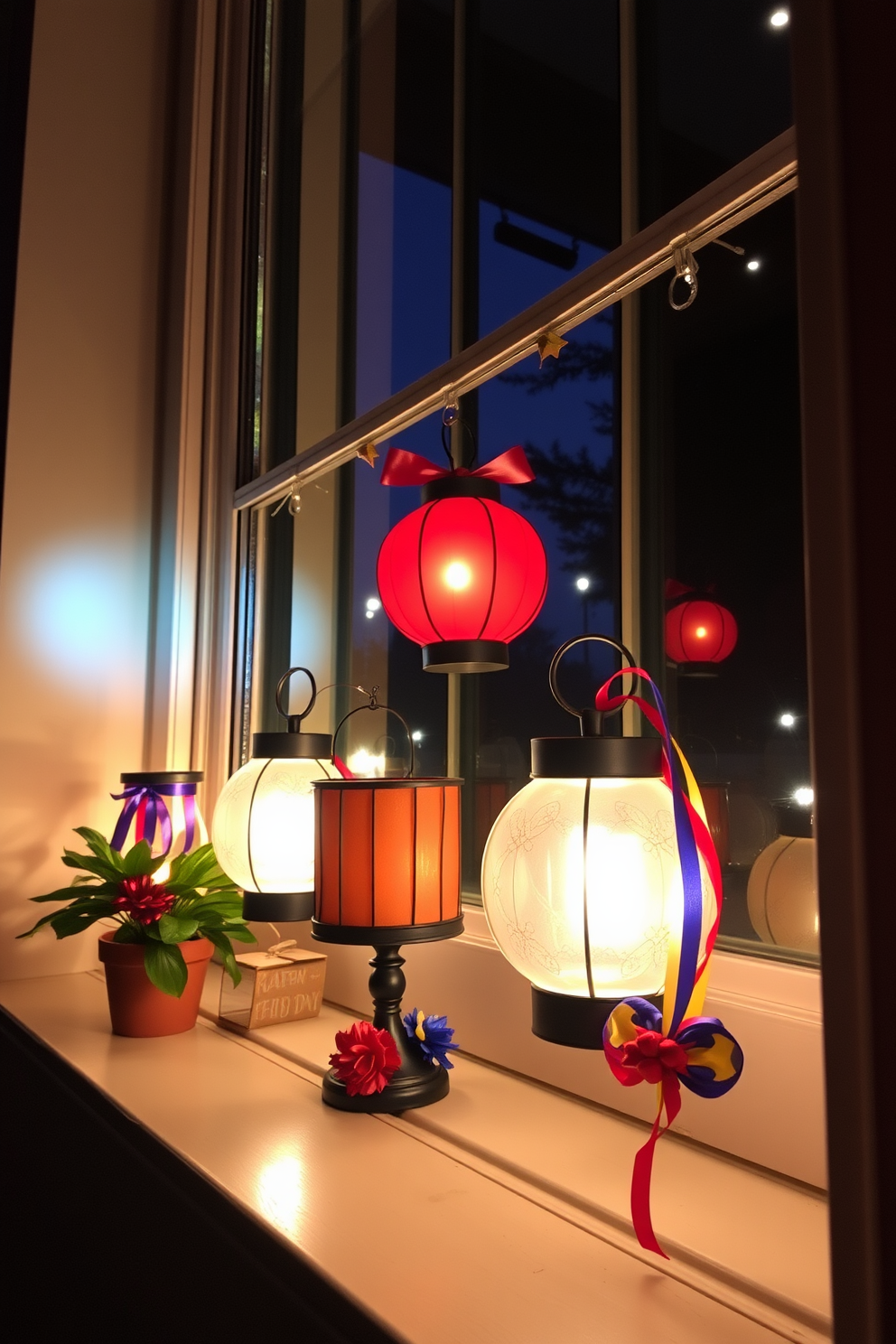 Festive lanterns are placed on window sills, casting a warm glow that enhances the cheerful atmosphere. The lanterns are adorned with colorful ribbons and seasonal decorations, creating a vibrant display for Labor Day celebrations.