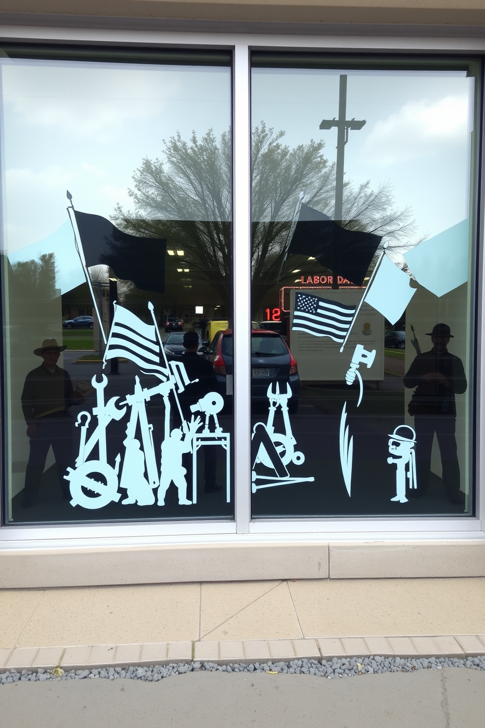 Create a captivating window display that showcases silhouettes of iconic symbols associated with Labor Day. The design should incorporate elements such as tools, flags, and worker figures, all artistically arranged to celebrate the spirit of the holiday.