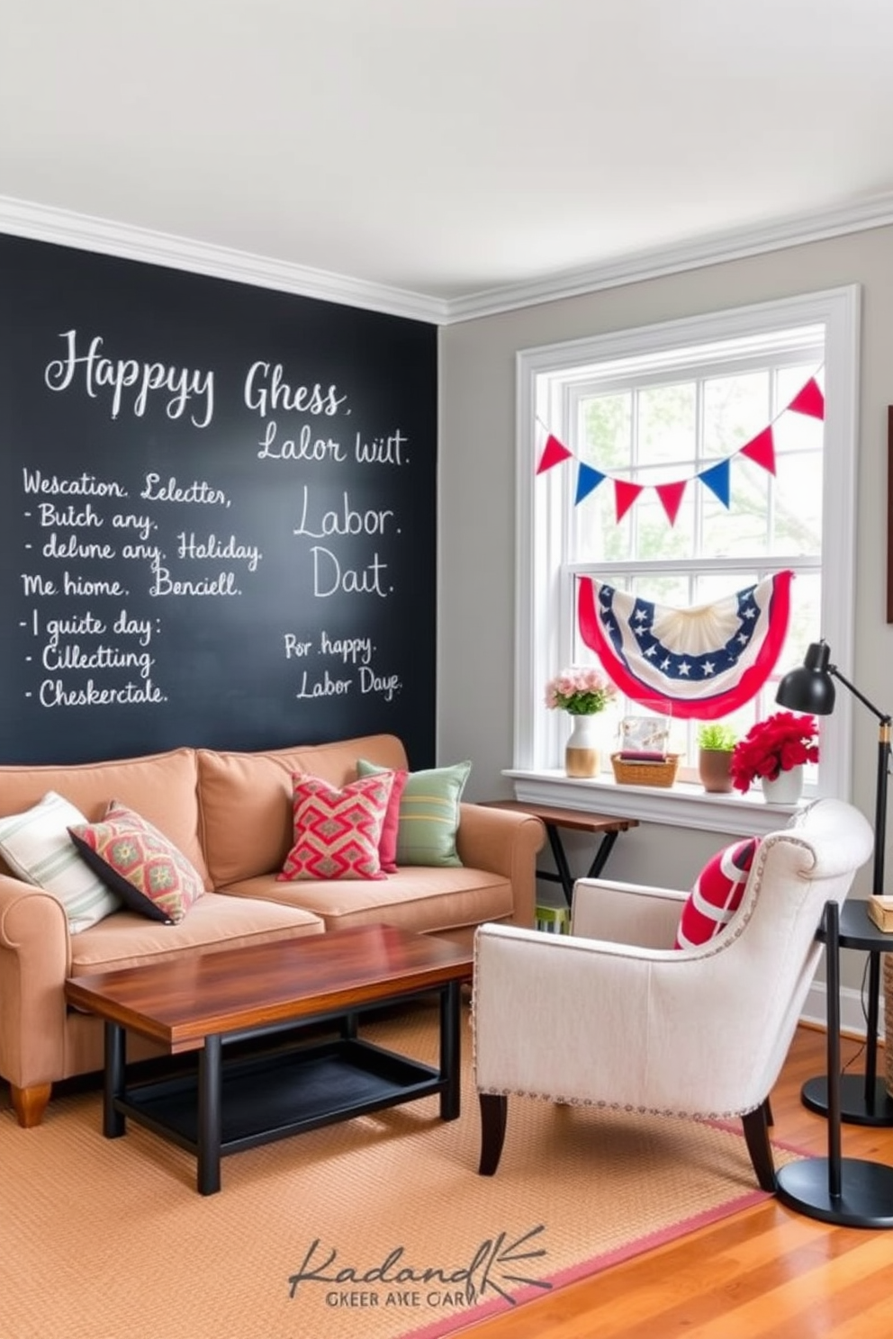 A cozy living room adorned with chalkboard paint on one wall, serving as a canvas for seasonal greetings and messages. The space features a plush sofa with colorful throw pillows, a wooden coffee table, and a warm area rug, creating an inviting atmosphere. For Labor Day, the window displays festive decorations in red, white, and blue, with bunting and small flags. A comfortable reading nook by the window includes a stylish armchair and a small side table, perfect for enjoying the holiday weekend.