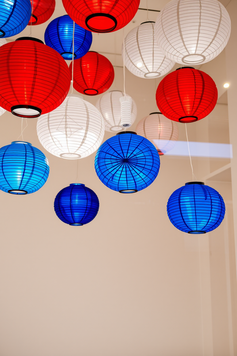 A vibrant display of seasonal fruit arranged in a variety of decorative bowls. The colors of the fruits create a lively atmosphere, enhancing the overall aesthetic of the space. Thoughtfully designed window decorations that celebrate Labor Day. Incorporate red, white, and blue elements to create a festive and welcoming environment.