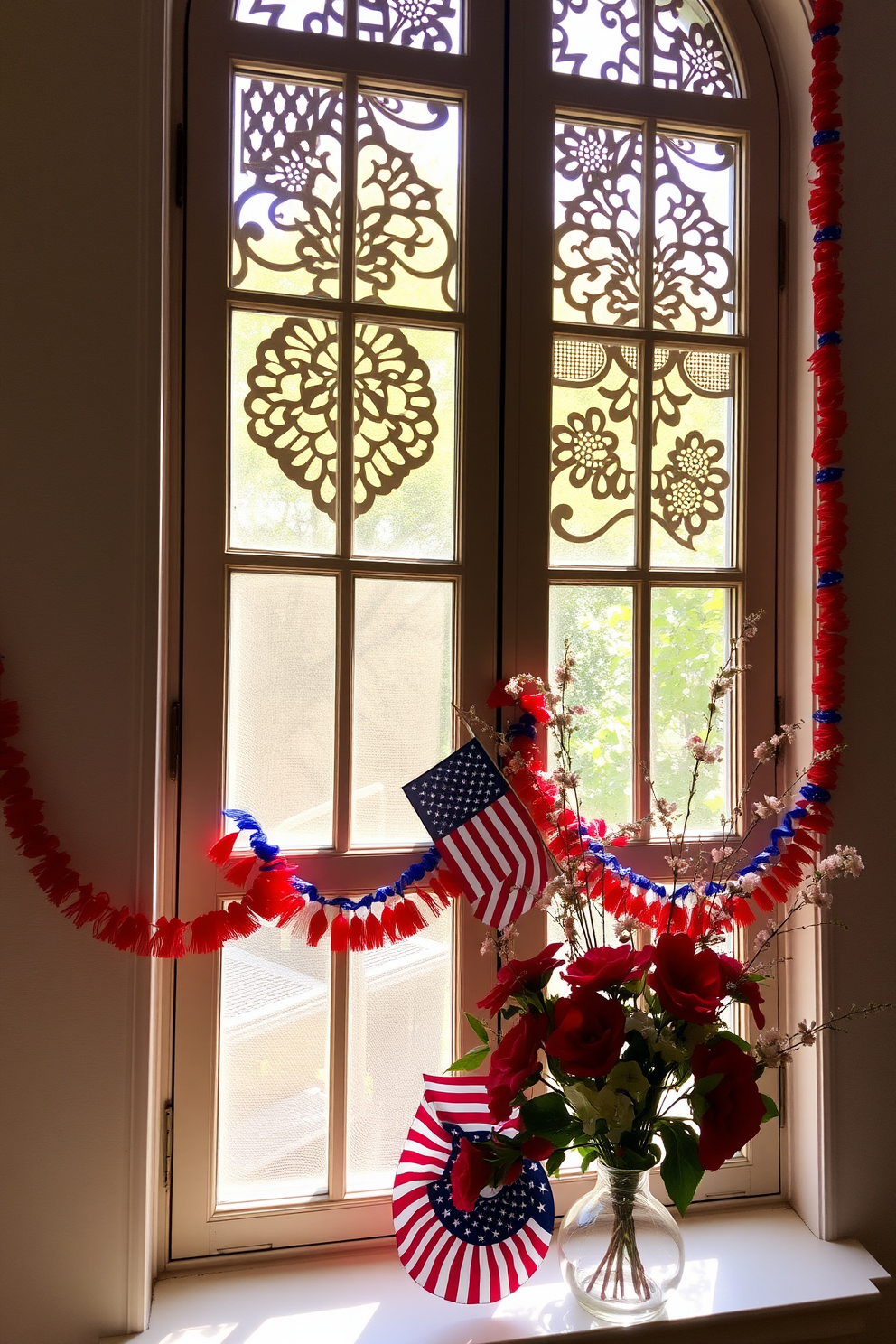 A charming window adorned with decorative screens featuring intricate cutout patterns. The screens allow soft sunlight to filter through, creating a playful dance of light and shadows in the room. For Labor Day, the window is decorated with vibrant red, white, and blue accents. Festive garlands and subtle floral arrangements enhance the celebratory atmosphere while maintaining an elegant look.