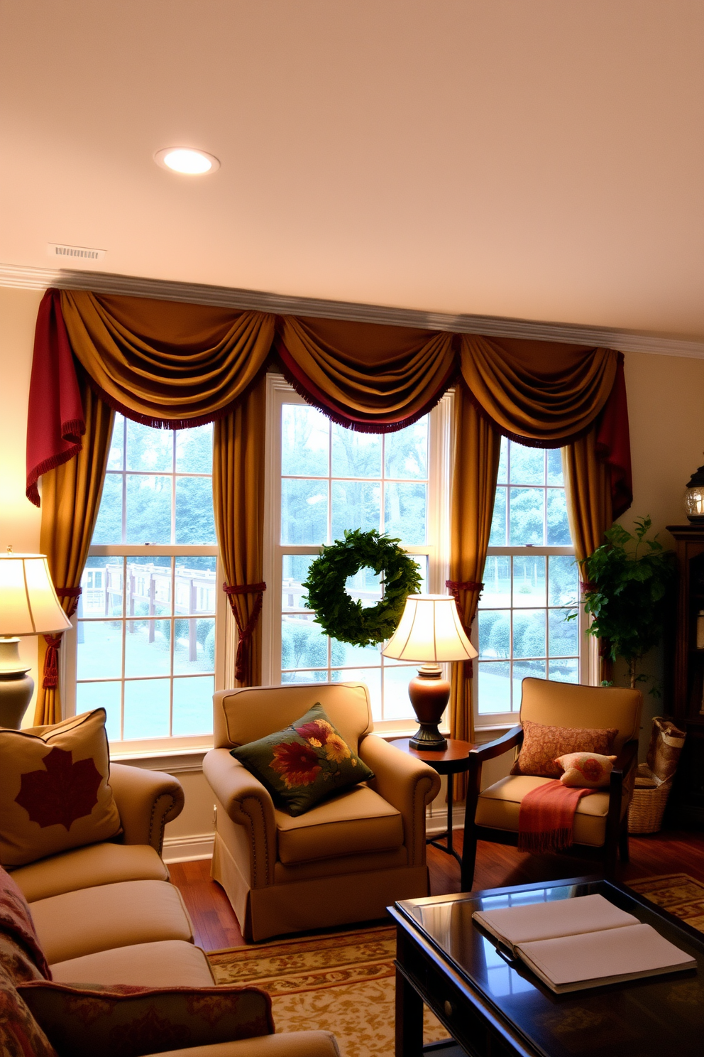 A cozy living room adorned with seasonal fabric swags draped elegantly across the window tops. The swags feature rich autumn colors such as deep reds and golden yellows, enhancing the warm ambiance of the space.