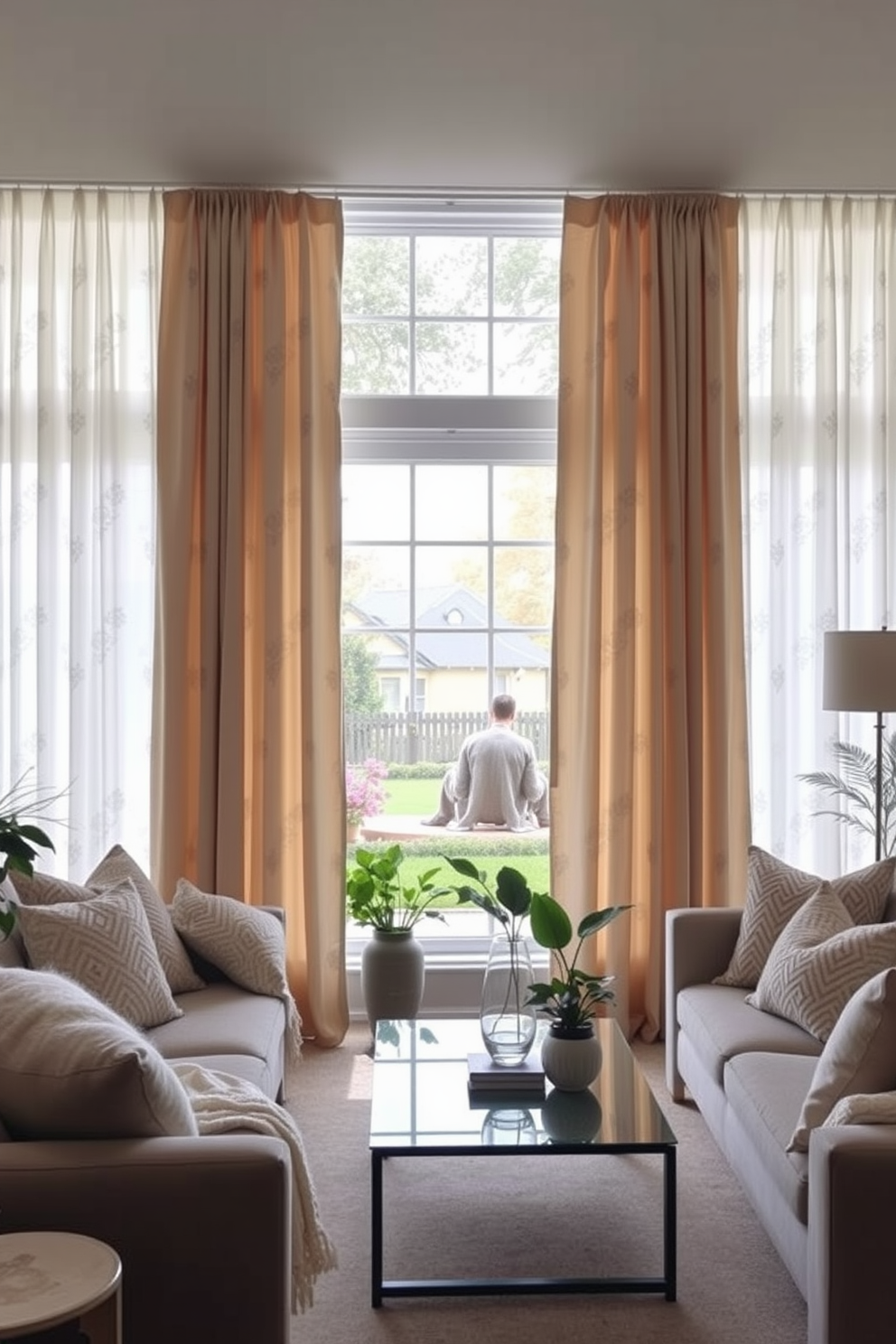 Create a serene living room setting featuring sheer curtains with subtle patterns that gently filter natural light. The curtains frame a large window overlooking a peaceful garden, enhancing the tranquil atmosphere of the space. Incorporate cozy seating arrangements with plush cushions and a soft throw blanket. Add decorative elements like a stylish coffee table and potted plants to complete the inviting ambiance.