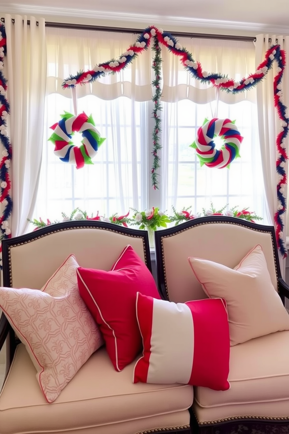 Brightly colored throw pillows are arranged on a set of elegant upholstered seats, adding a vibrant touch to the space. The pillows feature a mix of patterns and textures, creating a cozy and inviting atmosphere. For Labor Day window decorating ideas, sheer white curtains frame the windows, allowing natural light to filter through. Red, white, and blue accents are incorporated through decorative elements like wreaths and festive garlands.