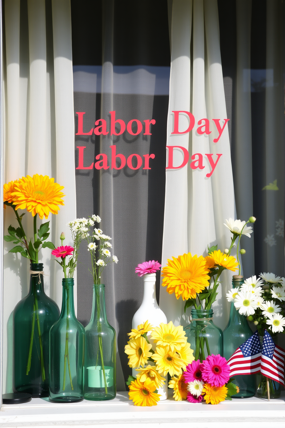 A charming window display featuring vintage glass bottles filled with fresh flowers. The bottles vary in size and shape, creating an eclectic yet harmonious arrangement that brightens the space. The backdrop is adorned with soft, sheer curtains that gently filter natural light. Colorful blooms in shades of pink, yellow, and white bring a lively touch, celebrating the spirit of Labor Day.