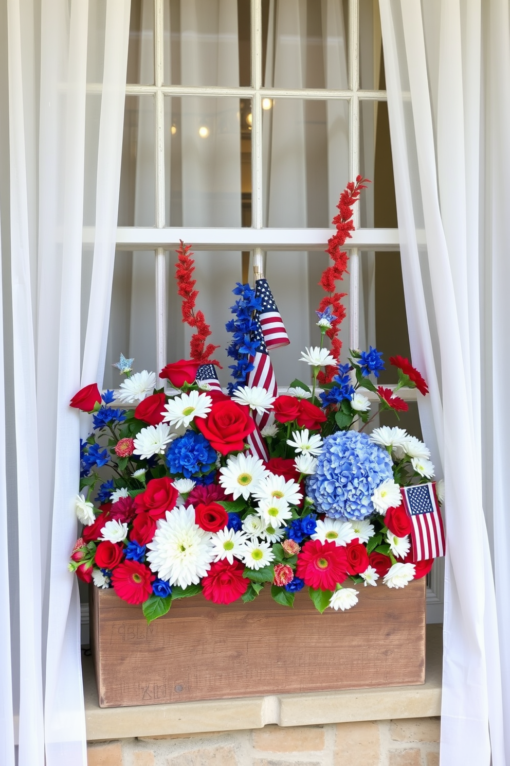 Create a vibrant window display for Labor Day featuring floral arrangements in red, white, and blue hues. The arrangement includes a mix of fresh flowers such as roses, daisies, and hydrangeas, artfully placed in a rustic wooden box. Incorporate decorative elements like small American flags and star-shaped accents to enhance the patriotic theme. The window is framed with sheer white curtains that allow natural light to illuminate the colorful blooms.