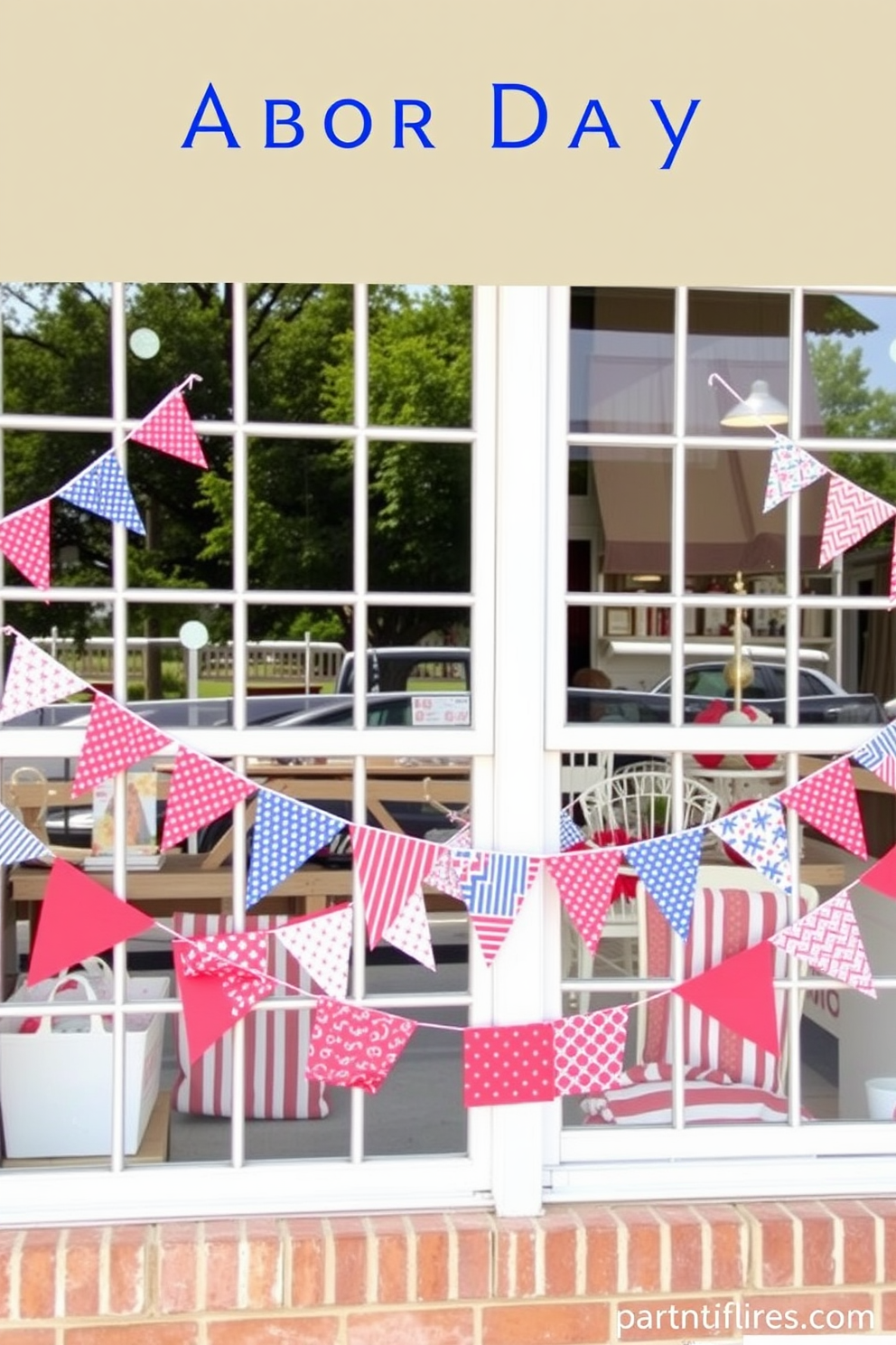 Create a vibrant Labor Day window display featuring colorful bunting strung across the window frames. The bunting should showcase a mix of red, white, and blue patterns, adding a festive touch to the overall decor.