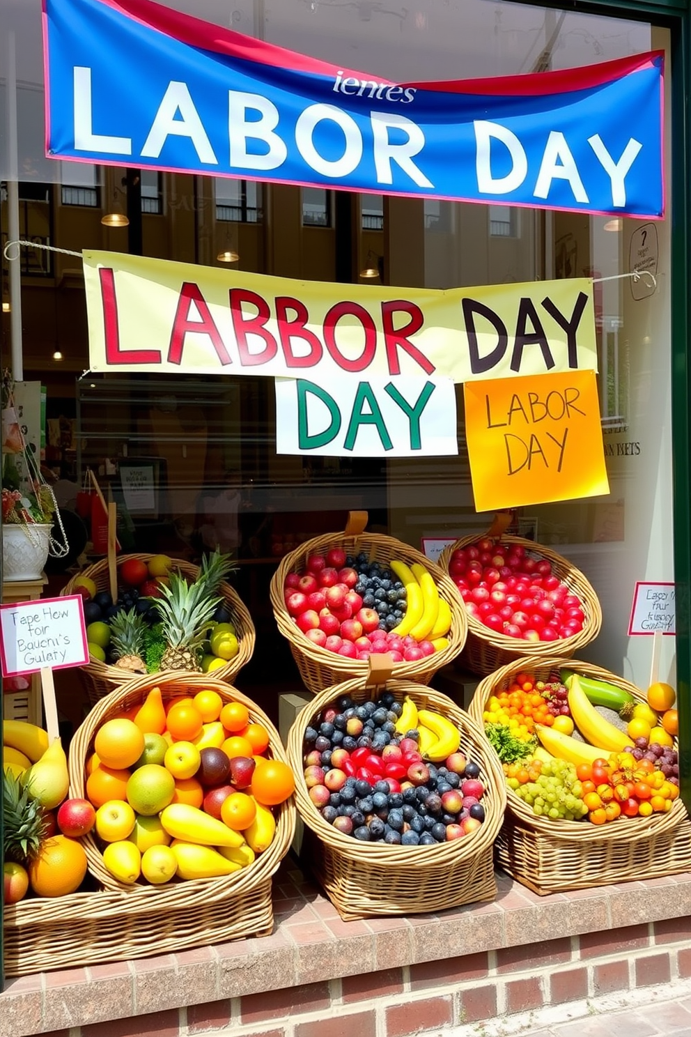 A vibrant window display showcasing an array of colorful summer fruits arranged artfully in wicker baskets. Brightly colored banners and cheerful signage celebrate Labor Day, inviting passersby to enjoy the seasonal bounty.