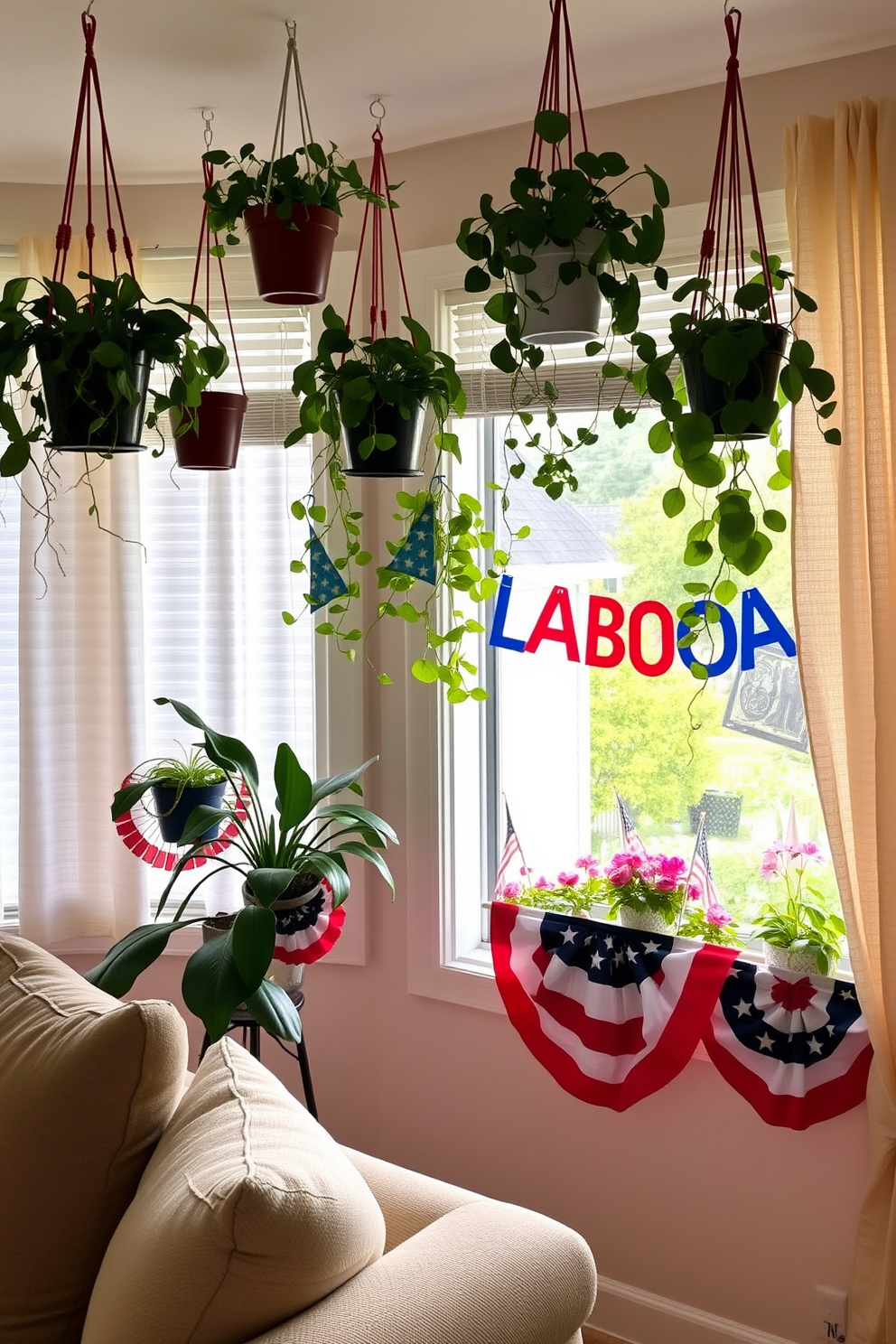 A cozy living room adorned with DIY photo frames showcasing holiday pictures. The frames are arranged on a rustic wooden shelf above a plush sofa, creating a warm and inviting atmosphere. Festive decorations for Labor Day adorn the windows, featuring red, white, and blue accents. Sheer white curtains flutter gently in the breeze, enhancing the cheerful ambiance of the space.