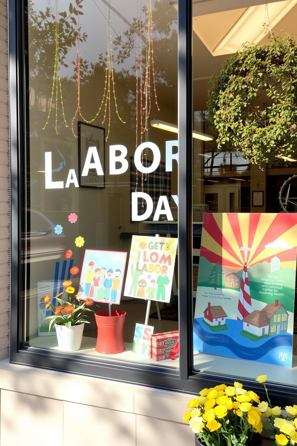 A bright and inviting window display featuring seasonal artwork that celebrates Labor Day. The artwork includes vibrant colors and themes of labor and community, beautifully arranged to catch the eye of passersby.