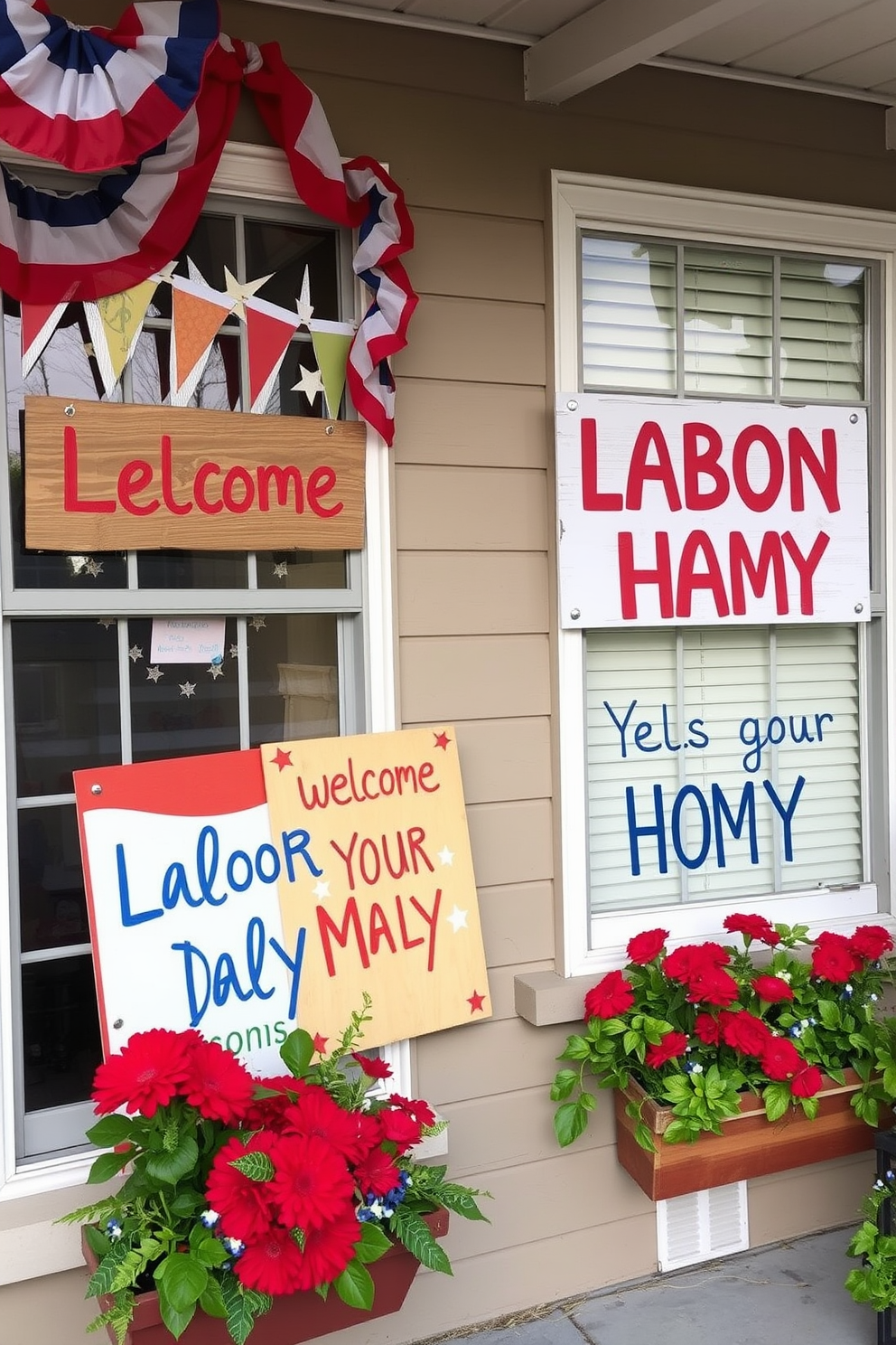 A cheerful display of festive signs welcoming guests to your home for Labor Day. The signs are adorned with vibrant colors and playful fonts, creating an inviting atmosphere that celebrates the holiday spirit. Window decorations feature a mix of red, white, and blue elements, including bunting and seasonal flowers. The overall design enhances the home's exterior while providing a warm and festive welcome to all visitors.