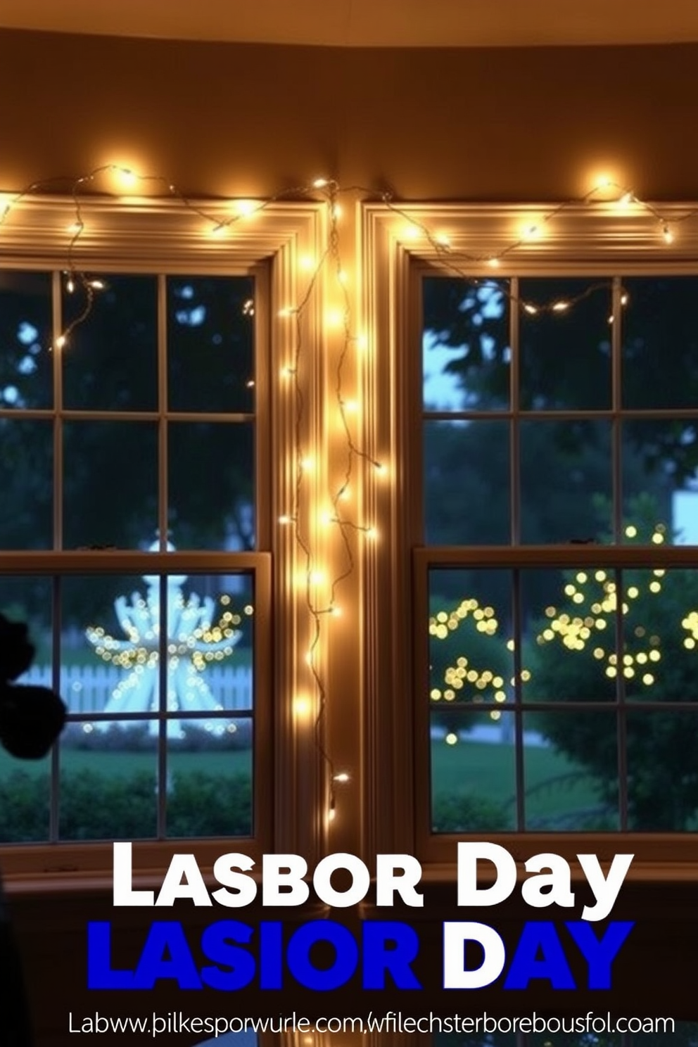 Decorative twinkle lights are elegantly draped around the edges of the windows, casting a warm and inviting glow throughout the room. The soft illumination enhances the festive atmosphere, perfect for celebrating Labor Day with a touch of charm.