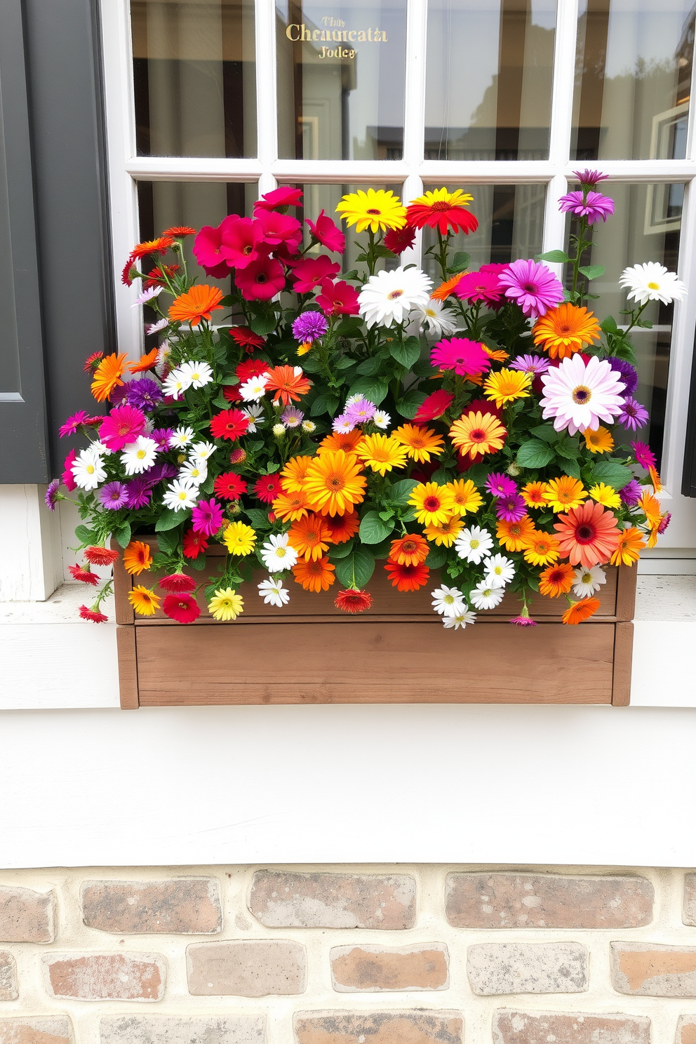 A charming window box brimming with vibrant flowers in a variety of colors. The window box is made of rustic wood and is placed on a classic white window sill, enhancing the festive Labor Day atmosphere.