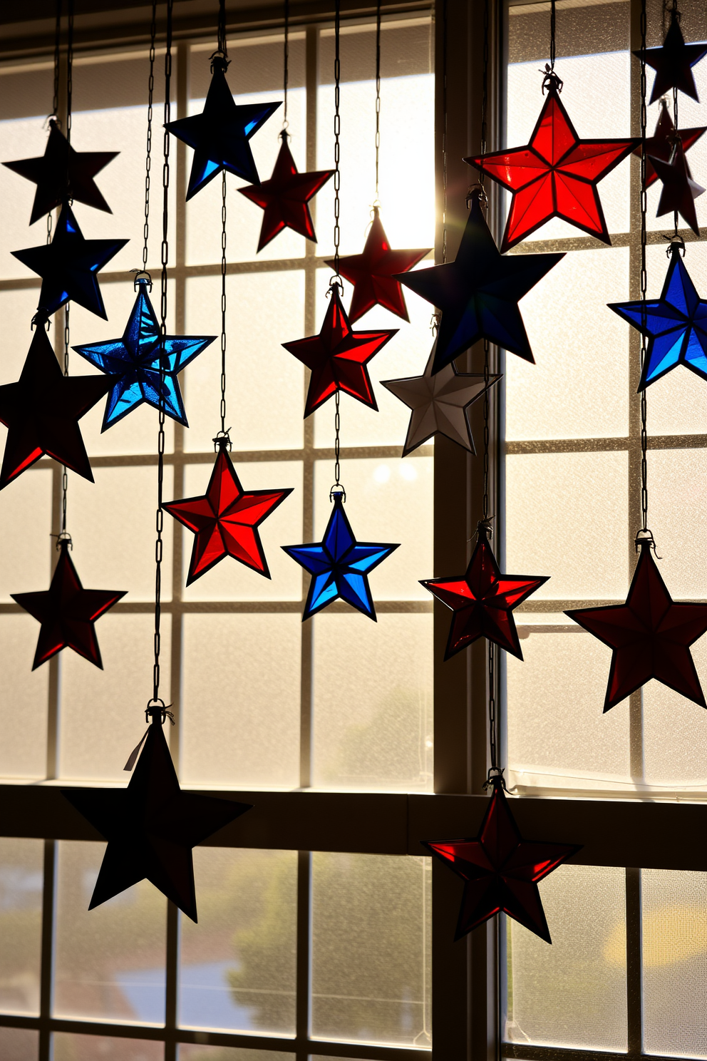 Star shaped ornaments hang gracefully from the windows, casting playful shadows across the room. The soft glow of the sunlight filters through, illuminating the festive decorations and creating a warm, inviting atmosphere. For Labor Day, the windows are adorned with a mix of red, white, and blue star ornaments, celebrating the spirit of the holiday. Each ornament reflects the colors of the season, bringing a sense of patriotism and joy to the interior space.