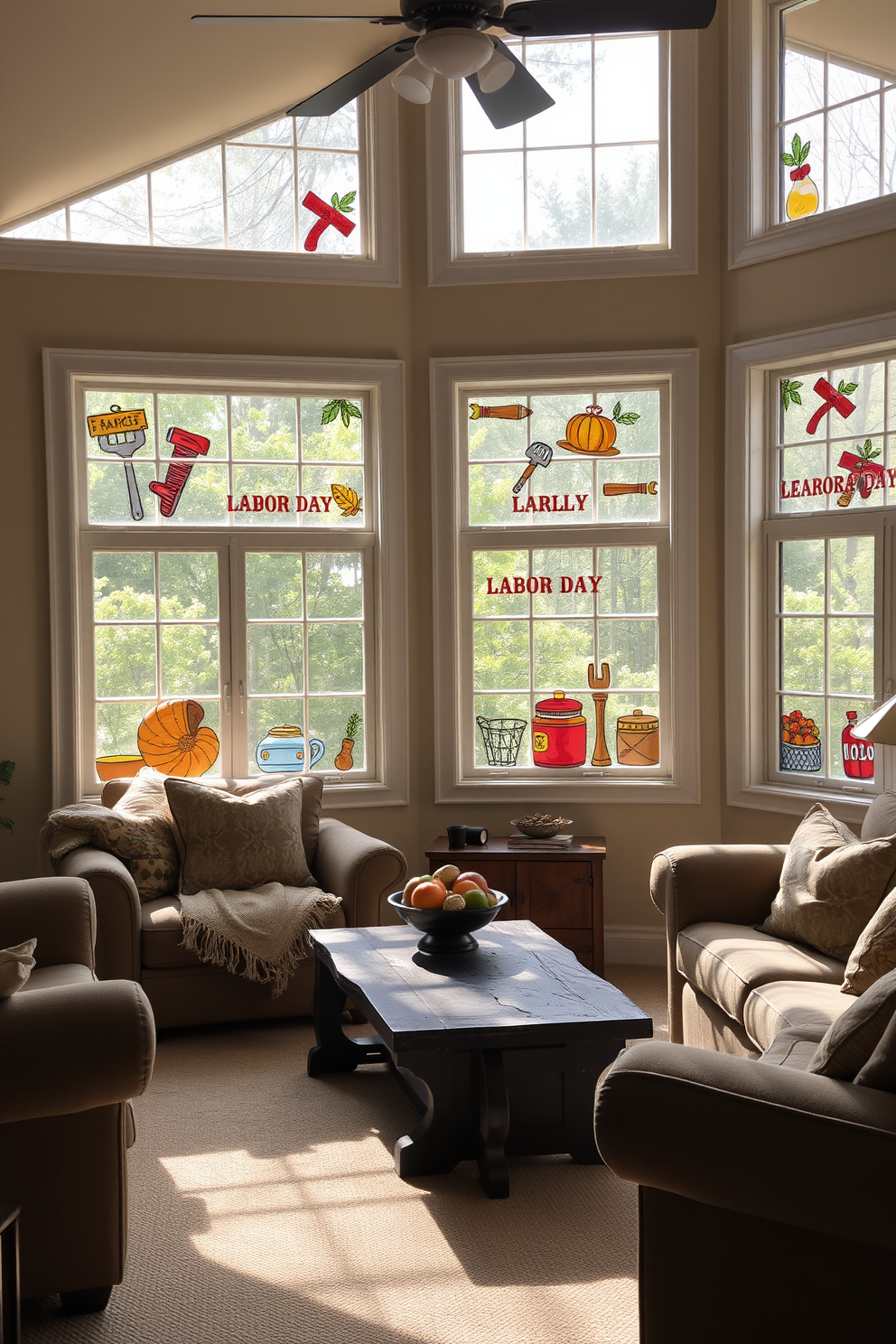 A cozy living room adorned with seasonal motifs painted on window panes. The colorful designs reflect the spirit of Labor Day, featuring tools and symbols of hard work, creating a festive atmosphere. Soft natural light filters through the windows, illuminating the space filled with plush furniture. A rustic coffee table sits at the center, surrounded by comfortable seating, inviting guests to relax and enjoy the holiday spirit.