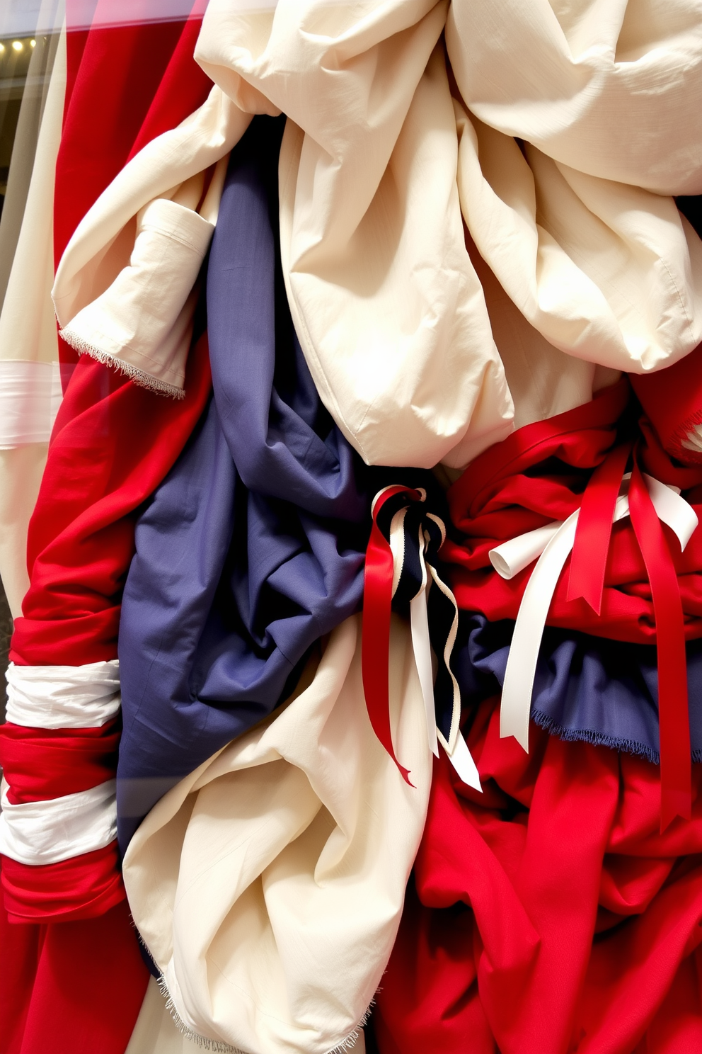 Layered textures create a rich and inviting atmosphere in a Labor Day window display. Soft fabrics in shades of red, white, and blue are draped elegantly, complemented by ribbons that add a touch of festivity.