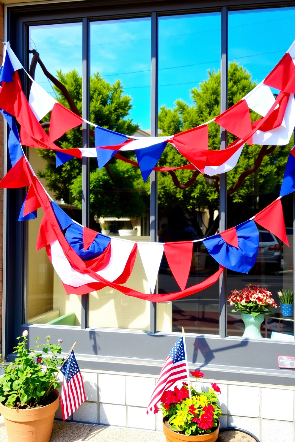 A festive window display celebrating Labor Day features hanging bunting in vibrant red, white, and blue colors. The bunting is draped gracefully across the window, creating a cheerful and patriotic atmosphere. Complementing the bunting, the window is adorned with seasonal decorations such as small American flags and potted plants in bright hues. The overall arrangement invites a sense of community and festivity, perfect for honoring the spirit of Labor Day.