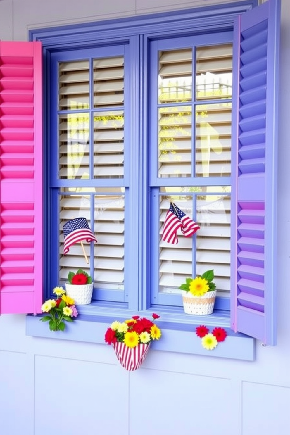 A cozy living room adorned with seasonal throw blankets draped over plush chairs in warm autumn hues. The ambiance is enhanced by soft lighting, creating an inviting atmosphere perfect for relaxation. A beautifully decorated window featuring Labor Day themed decor with red, white, and blue accents. Cheerful bunting hangs gracefully, complemented by potted flowers in patriotic colors on the windowsill.