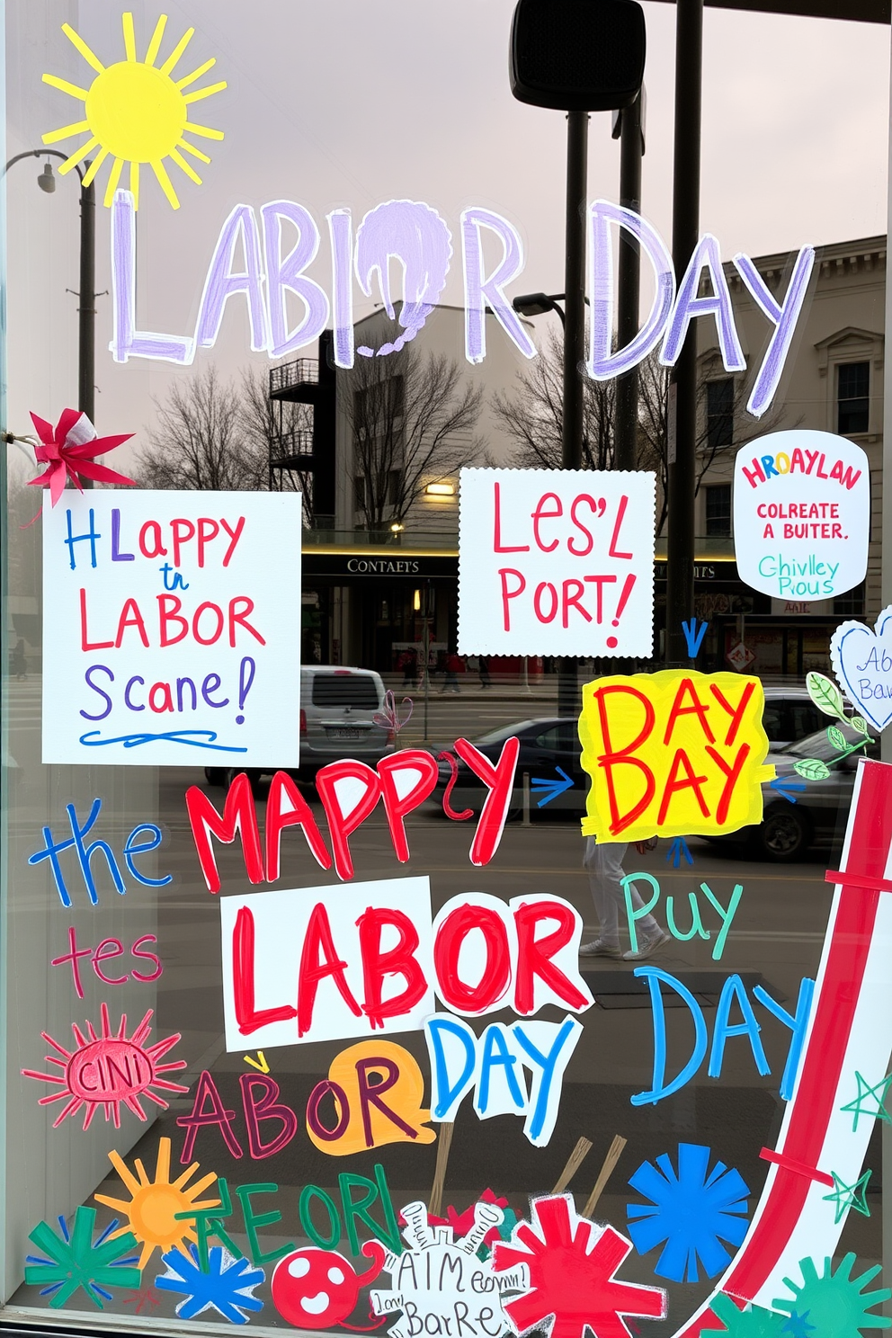 A vibrant window display featuring festive messages celebrating Labor Day. The window is adorned with colorful paint, showcasing cheerful designs and slogans that embody the spirit of the holiday.